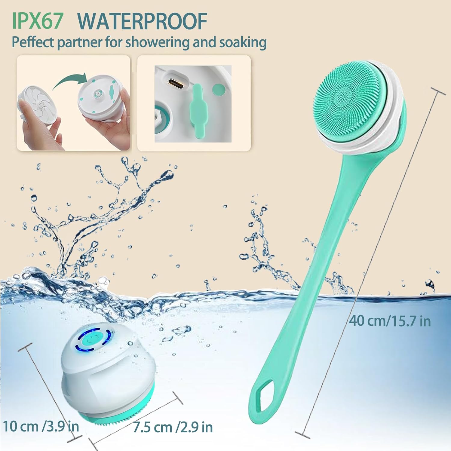 Cepillo eléctrico recargable para la parte posterior de la ducha, mango largo, exfoliante, rotativo, para ducha, baño, limpieza facial, limpiador de