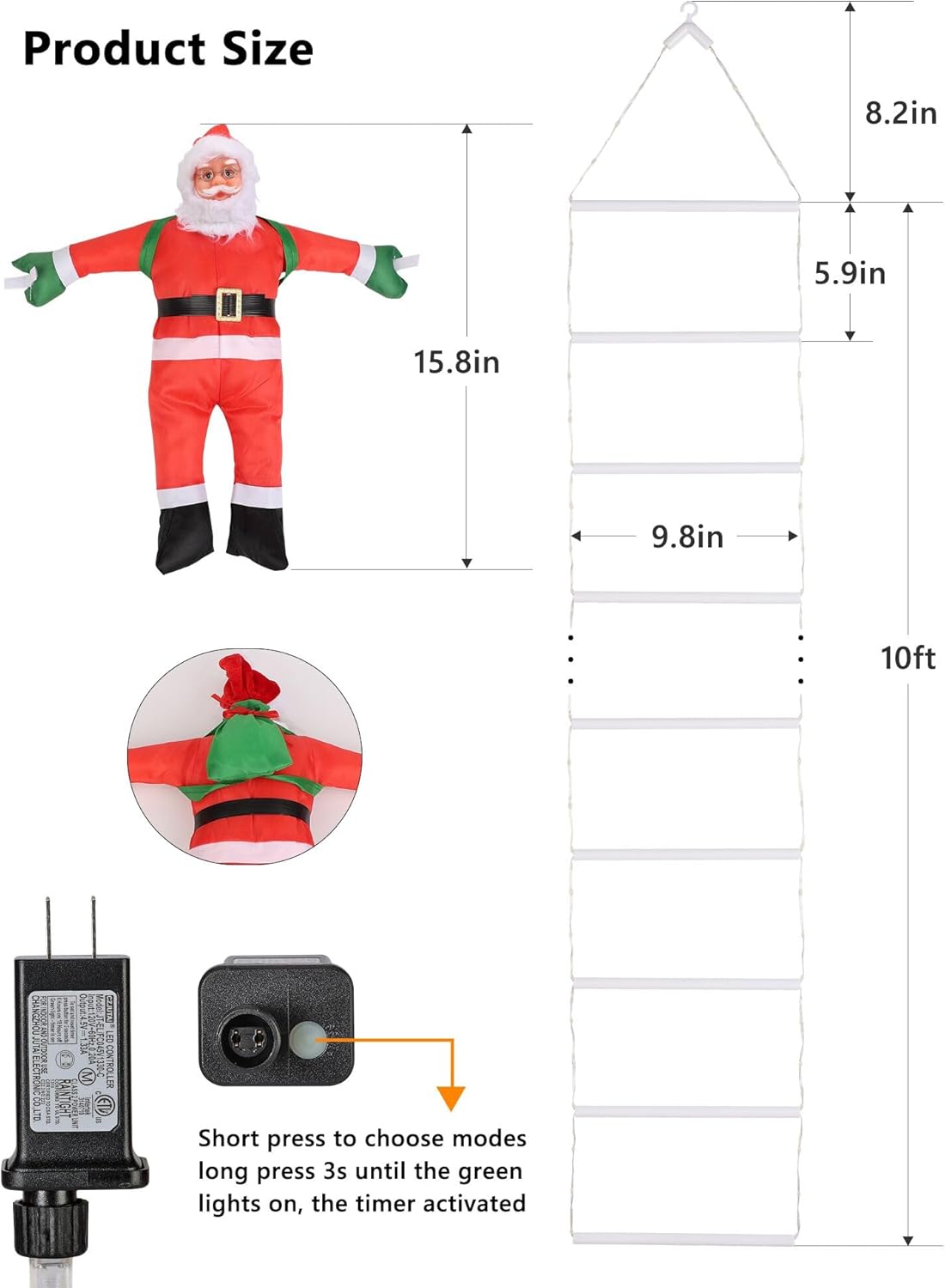 Luces LED de escalera con Papá Noel escalador – Luces decorativas de Navidad al aire libre – 3M, multicolor