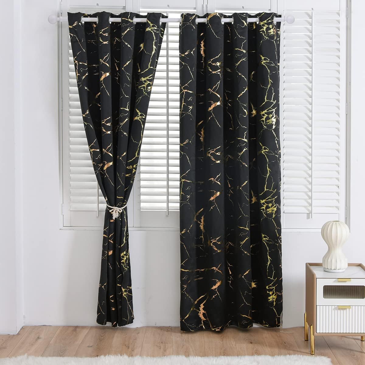 Holawakaka Cortina opaca con ojales de mármol con purpurina metálica dorada para sala de estar, dormitorio, habitación de invitados, decoración del