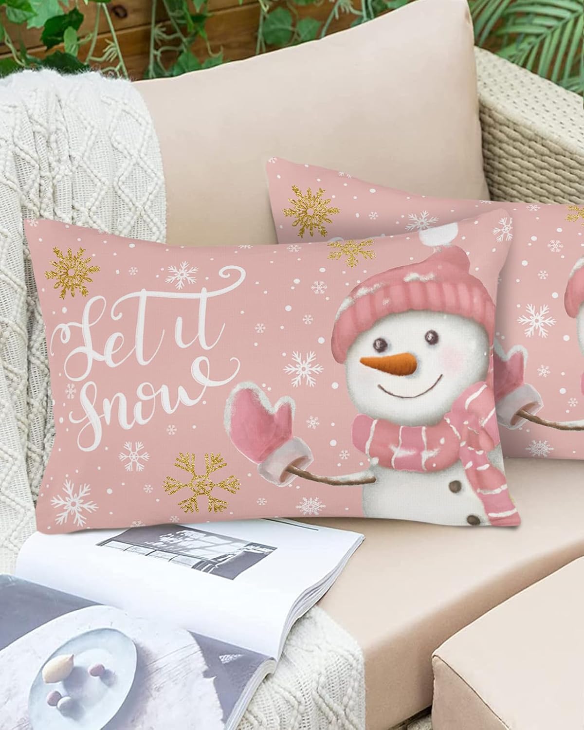 Fundas de almohada de Navidad de muñeco de nieve rosa de 16 x 24 pulgadas, fundas de almohada rectangulares de invierno con copos de nieve de