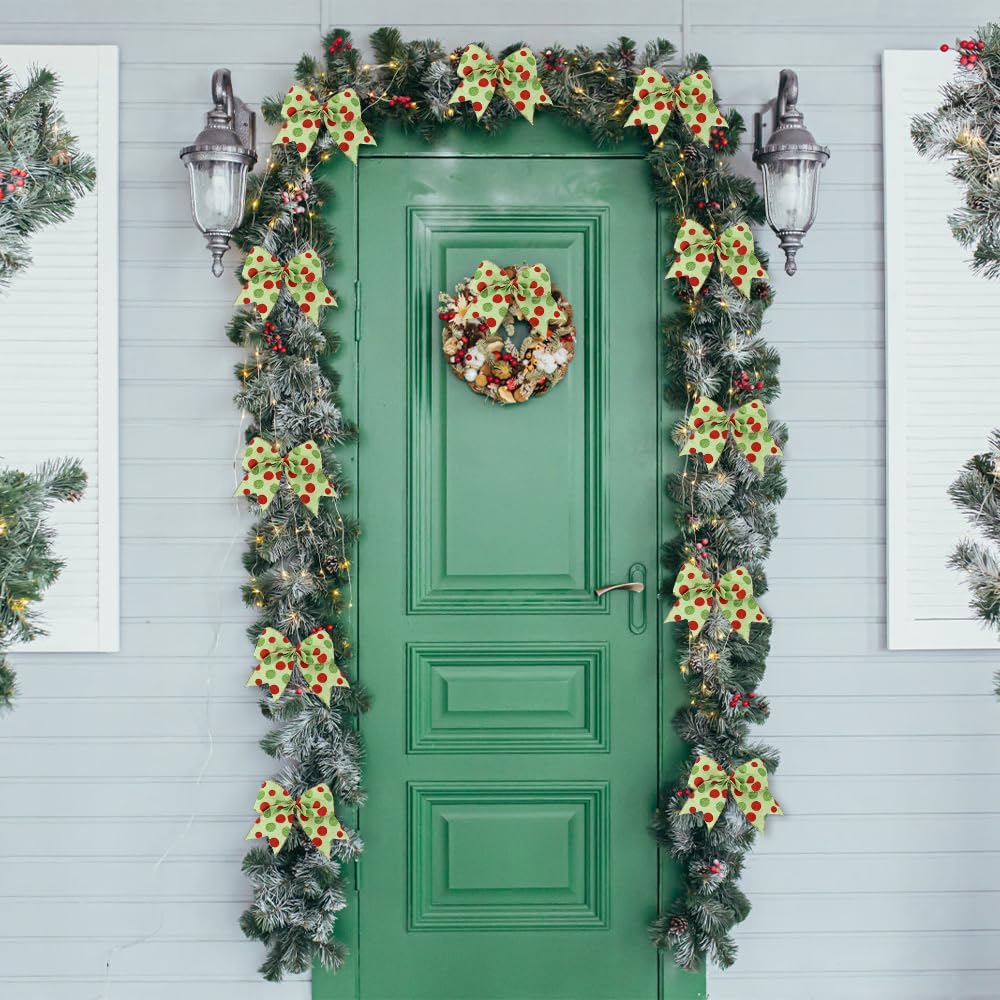 12 lazos de Navidad de 6.3 pulgadas, lazos grandes de corona de Navidad, lazos de árbol de Navidad rojo y verde, lazos de puntos con purpurina de