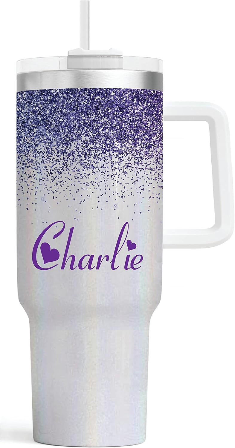 Vaso personalizado de 40 onzas con asa, vaso aislado de acero inoxidable, taza de viaje, taza de café de doble pared para bebidas calientes y frías,