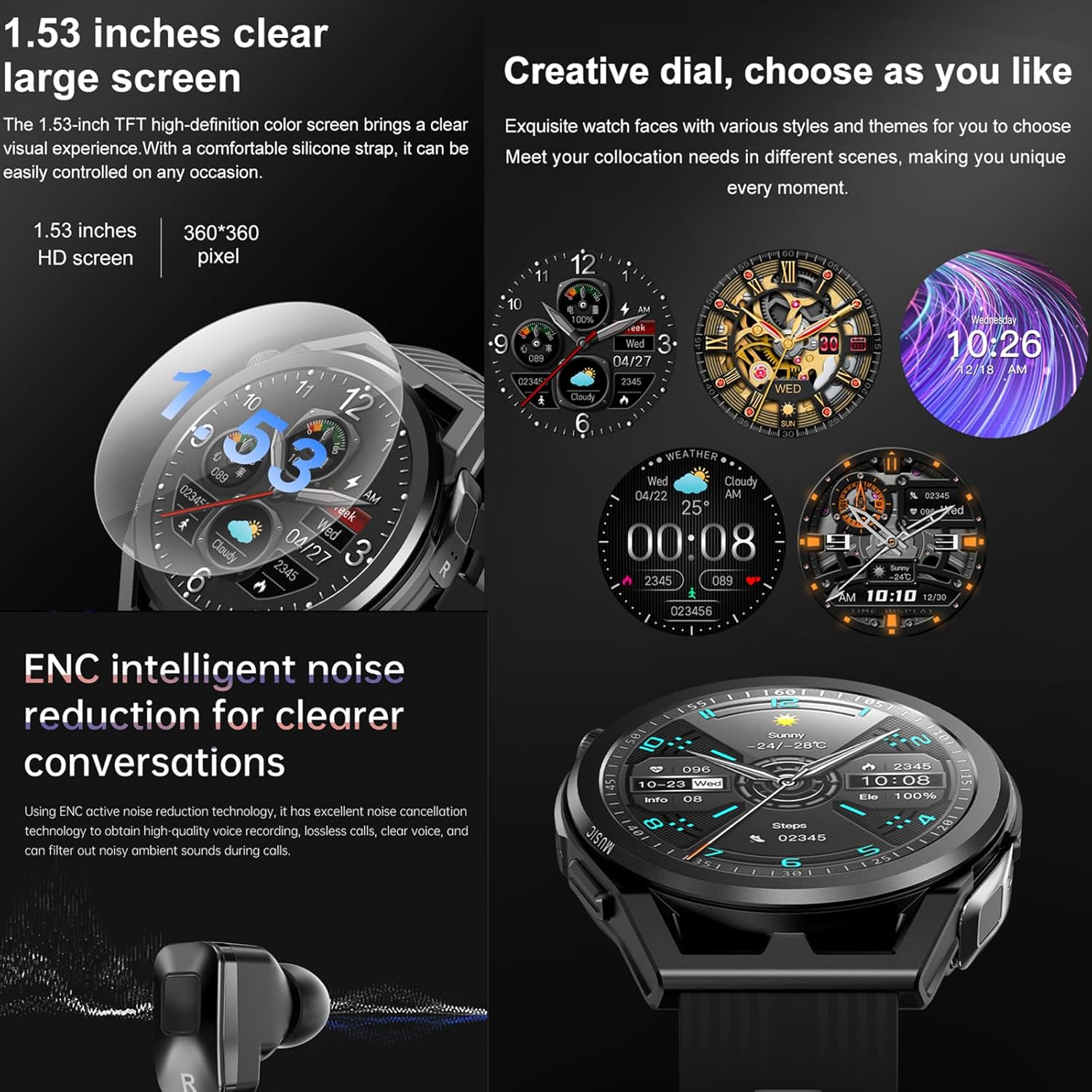 N18 Smart Watch with Earbuds 1.53 Inch Smartwatch Wireless Headphones Combo TWS Health Monitor Fitness Tracker Built-in 4G Memory Local MP3 Player