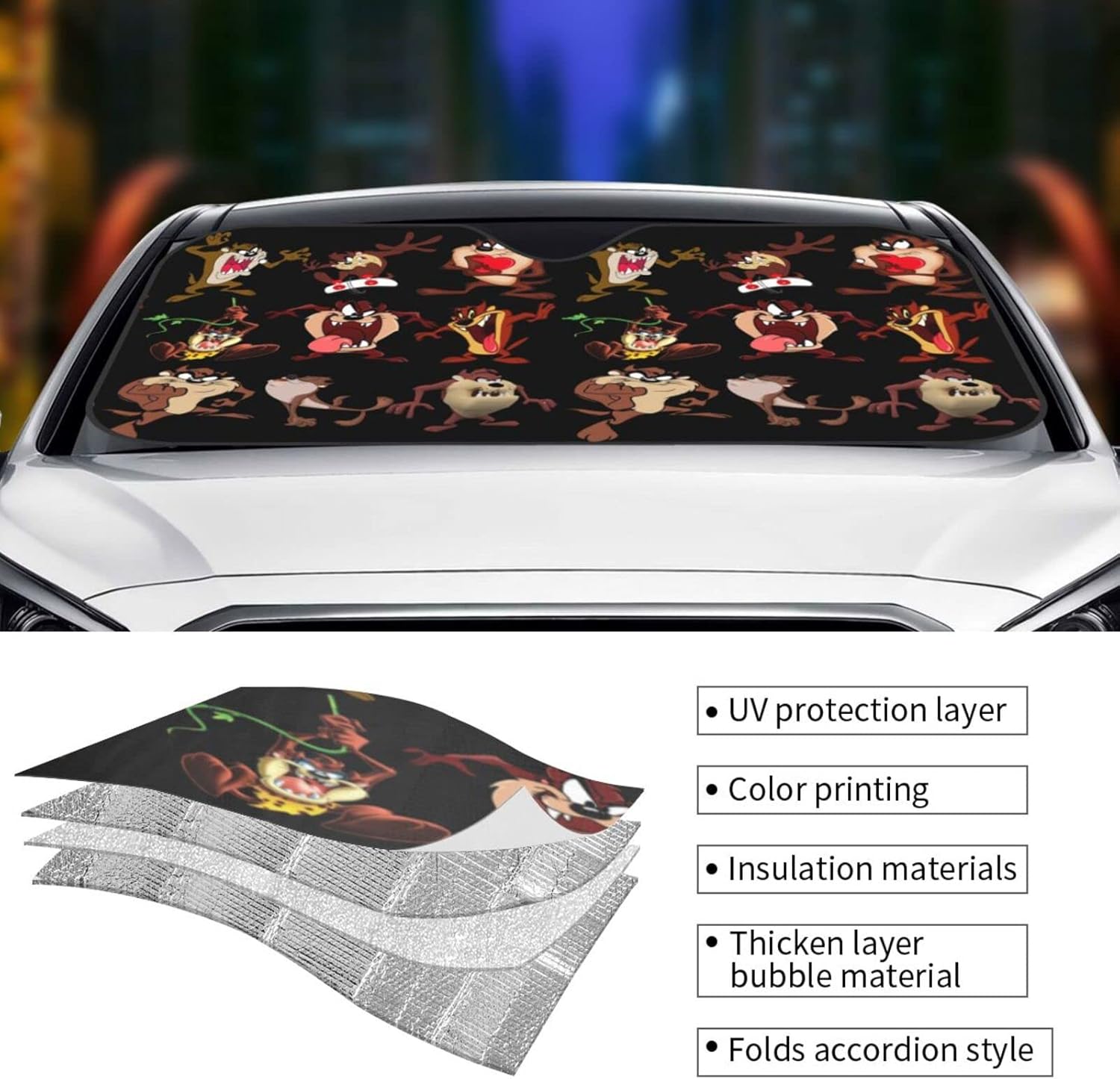 Tasmanian – Parasol frontal para parabrisas de automóvil, diseño de dibujos animados, Diablo Taz, bloquea los rayos UV, visera solar, protector de