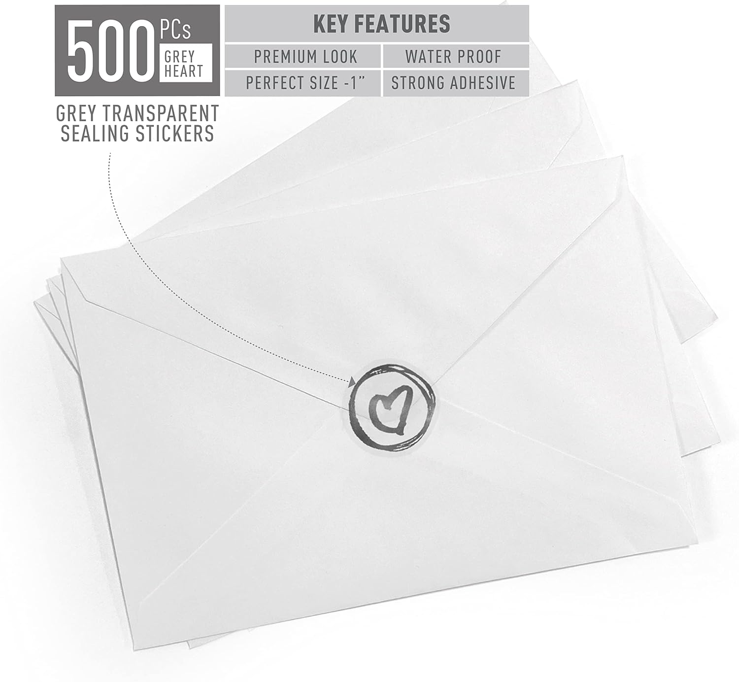 easykart labels 500 calcomanías de corazón, color gris, metálico, transparente, de 1 pulgada, calcomanías de boda de sellado redondo para