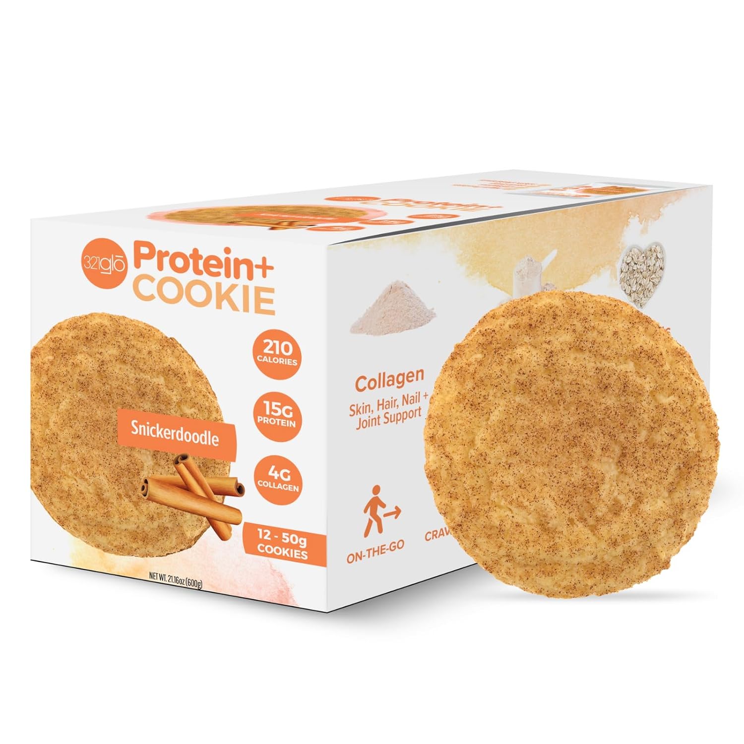 321glo Protein+ Cookies  Galletas horneadas suaves con colágeno de alto contenido en proteínas, 0.55 oz de proteína, aperitivo para hombres, mujeres