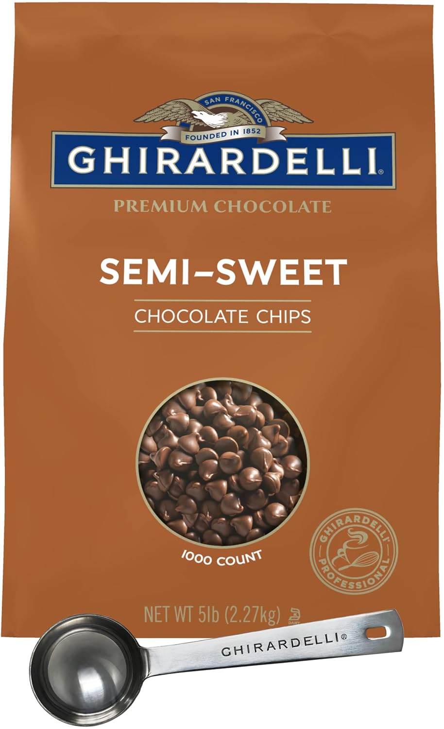 Ghirardelli – Chips de chocolate semiblulce, bolsa de 5 libras con cuchara barista estampada Ghirardelli