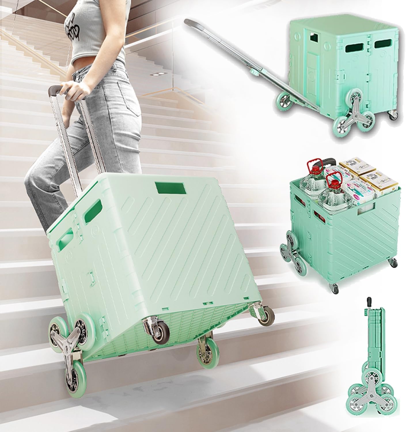 Carrito plegable portátil de 75 litros con ruedas para escalar, caja plegable con ruedas y asa, carrito de compras para subir escaleras, para