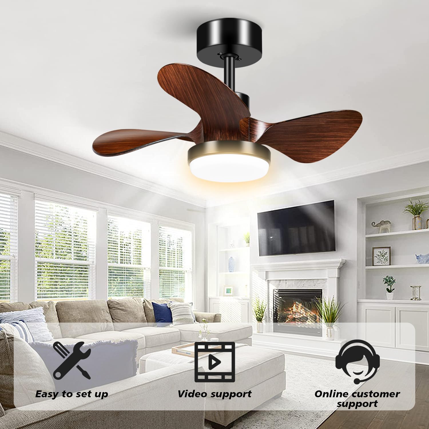 Ventilador de techo de habitación pequeña de 25 pulgadas con luz, ventilador de techo moderno de perfil bajo regulable de 3 aspas con luz y control
