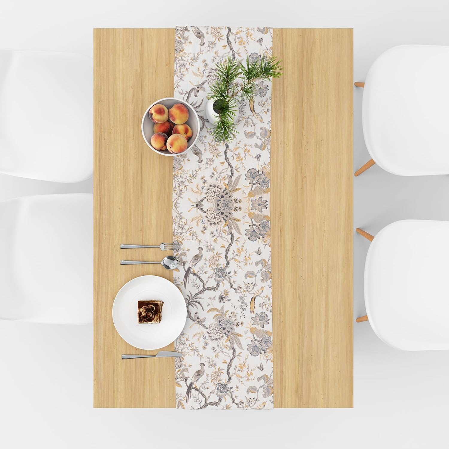 Snycler Chinoiserie Camino de mesa amarillo y blanco con flores de otoño, diseño moderno y elegante con pompones, centro de mesa geométrico,