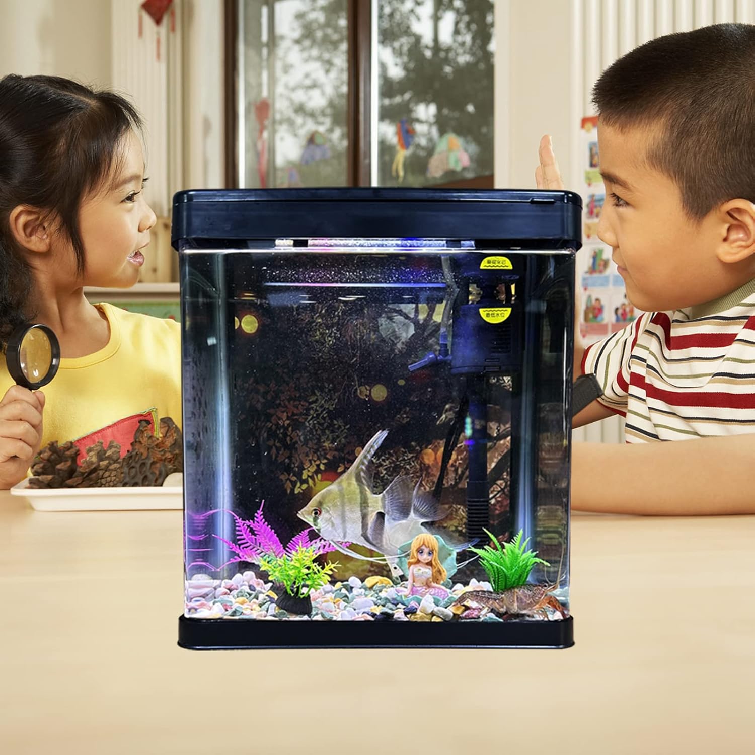 SANOSY Tanque de peces de vidrio de 2.3 galones, kit de inicio de acuario pequeño Betta Fish Tank Desktop Mini pecera para camarones pequeños con