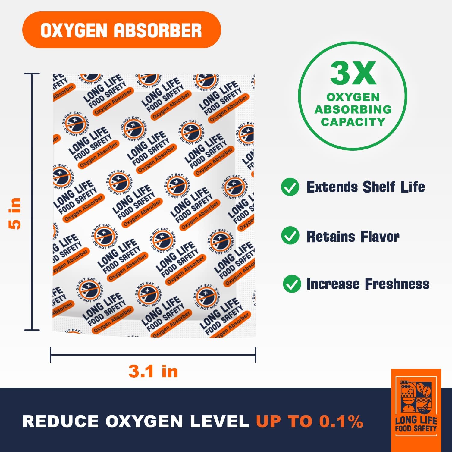 Absorbentes de oxígeno de 500 cc y 2500 cc para almacenamiento de alimentos  3 veces la capacidad de absorción de oxígeno  Extiende la vida útil y