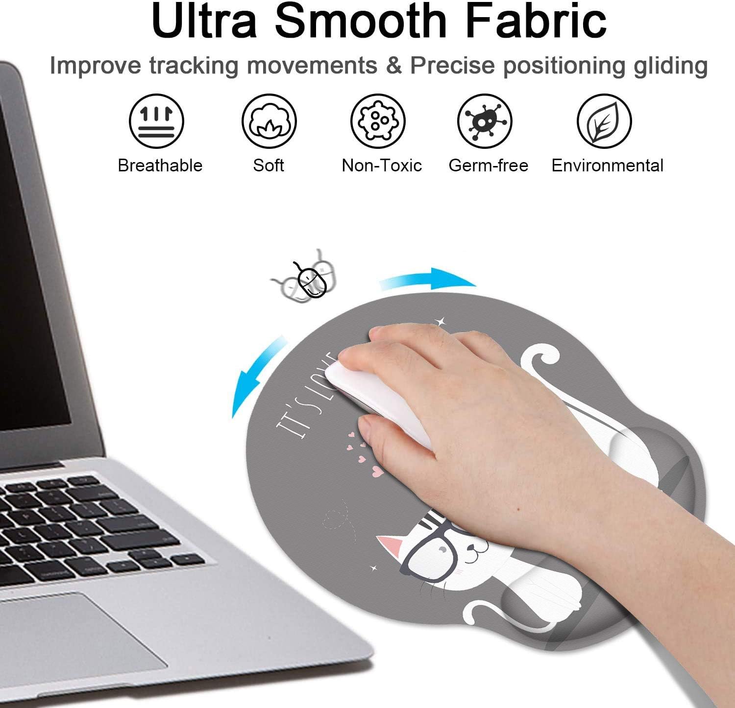 Britimes Alfombrilla de mouse ergonómica con soporte para muñeca, bonitos lentes para gatos, base de goma antideslizante, alfombrilla de mouse para