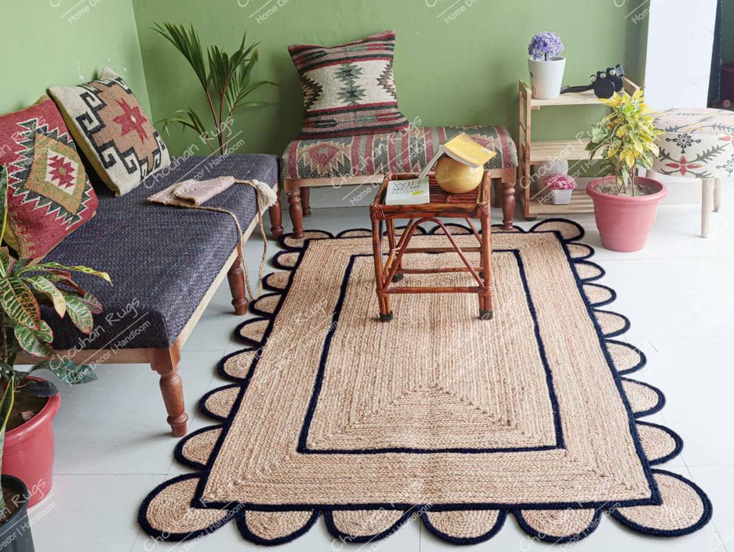 Chouhan Rugs Area Rug – Alfombra trenzada a mano de yute natural, color azul marino