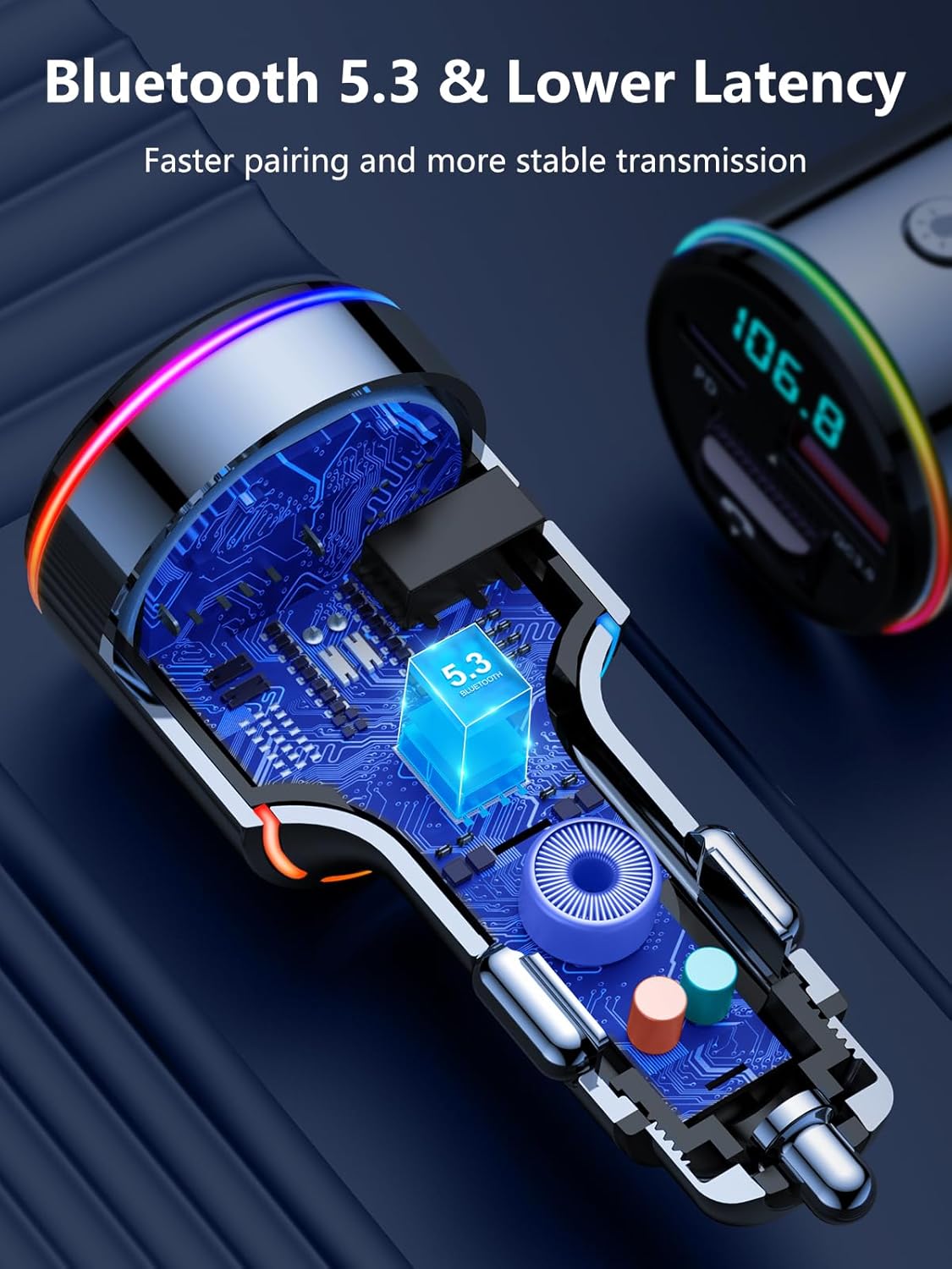 Transmisor FM Bluetooth 5.3 para coche, adaptador de radio FM inalámbrico Bluetooth para automóvil, QC3.0 18 W y cargador rápido tipo C PD 30 W,