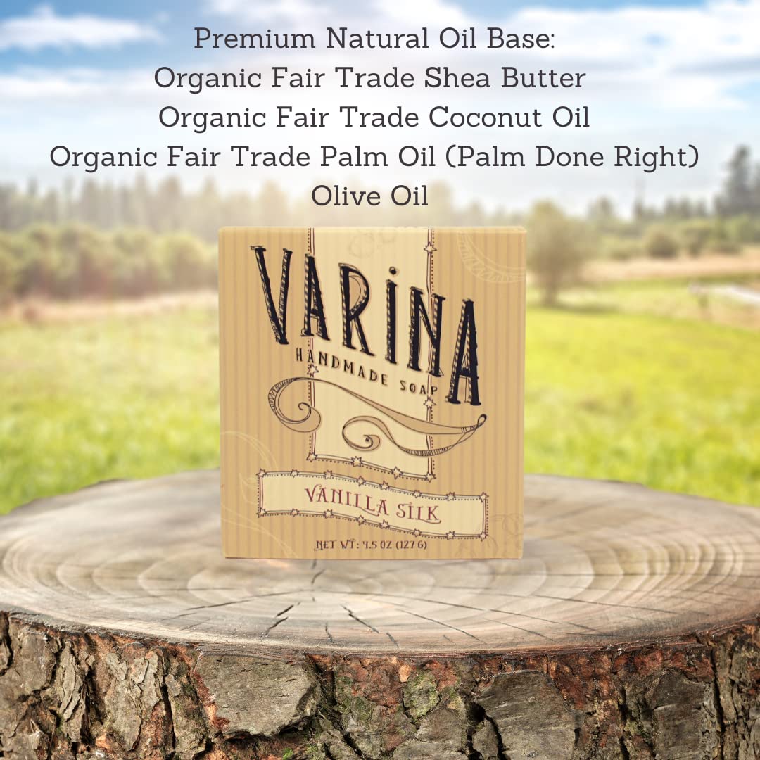 Varina Jabón en barra de seda de vainilla natural, limpieza suave para pieles sensibles, dulce y vainilla, paquete de 3, experimenta una piel sana y