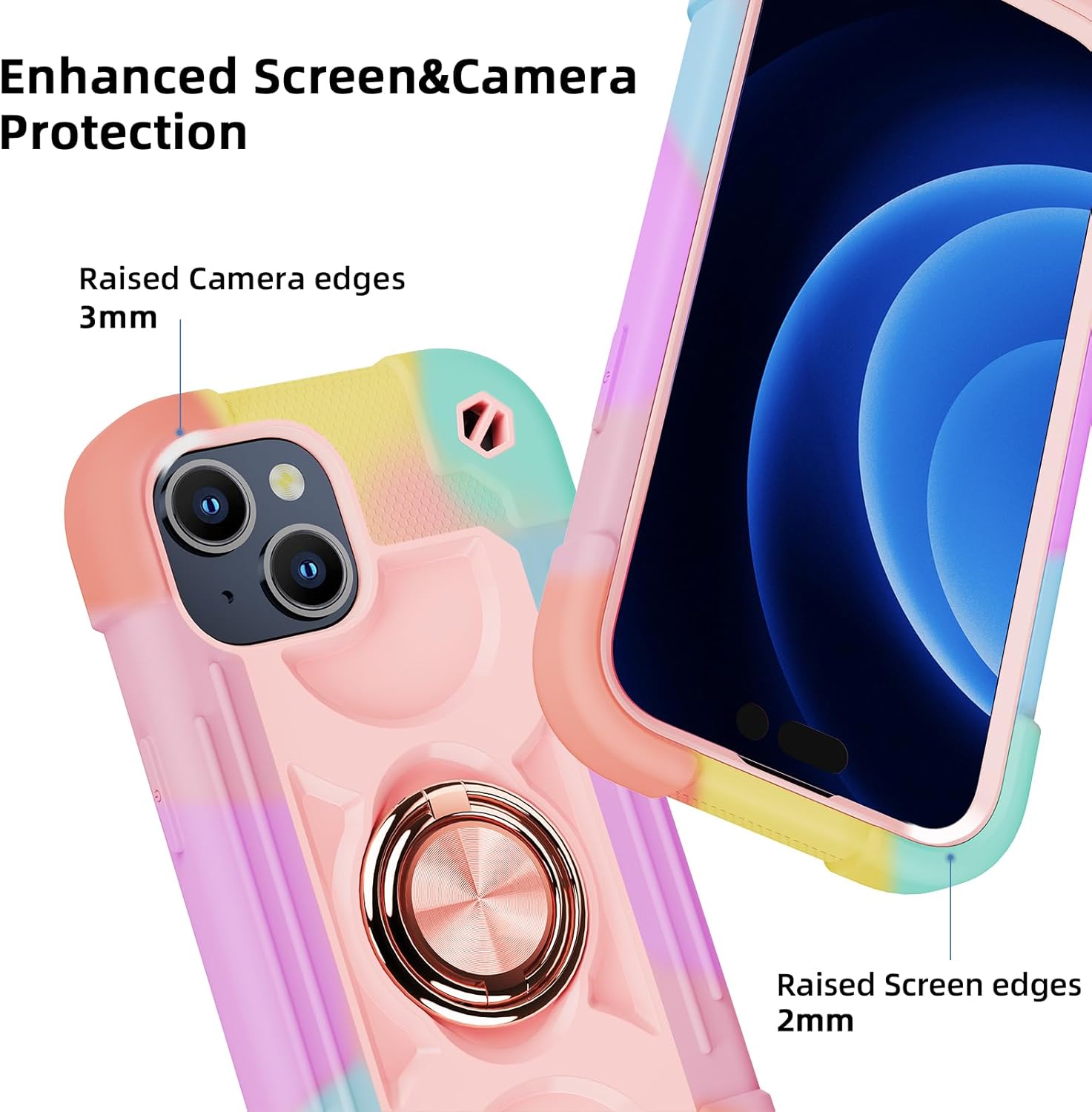 Funda compatible con iPhone 15 Plus de 6.7 pulgadas, resistente a prueba de golpes, de grado militar, con soporte de anillo, protector de pantalla