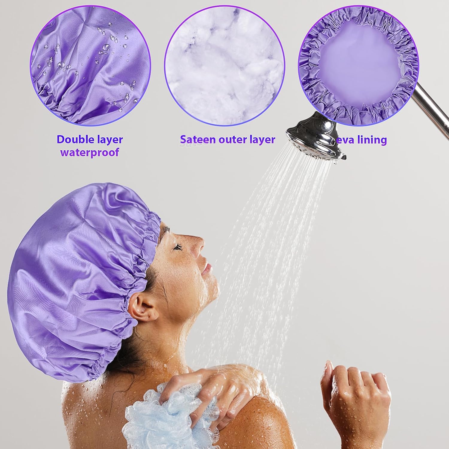 Gorro de ducha impermeable grande de doble capa, gorro de ducha reutilizable para mujeres (morado)
