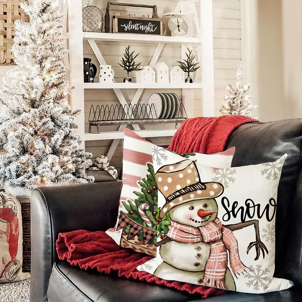 DFXSZ Juego de 4 fundas de almohada navideñas de 18 x 18 pulgadas, diseño de muñeco de nieve de Navidad, renos, rosa y negro, bufanda decorativa de