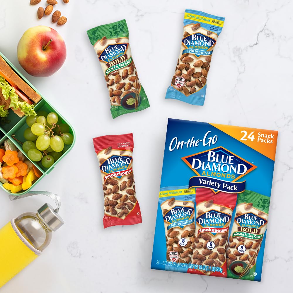 Blue Diamond Almonds Paquete variado de nueces para niños, oficina, escuela, sobre la marcha, paquetes individuales de 0.75 onzas sin gluten, wasabi