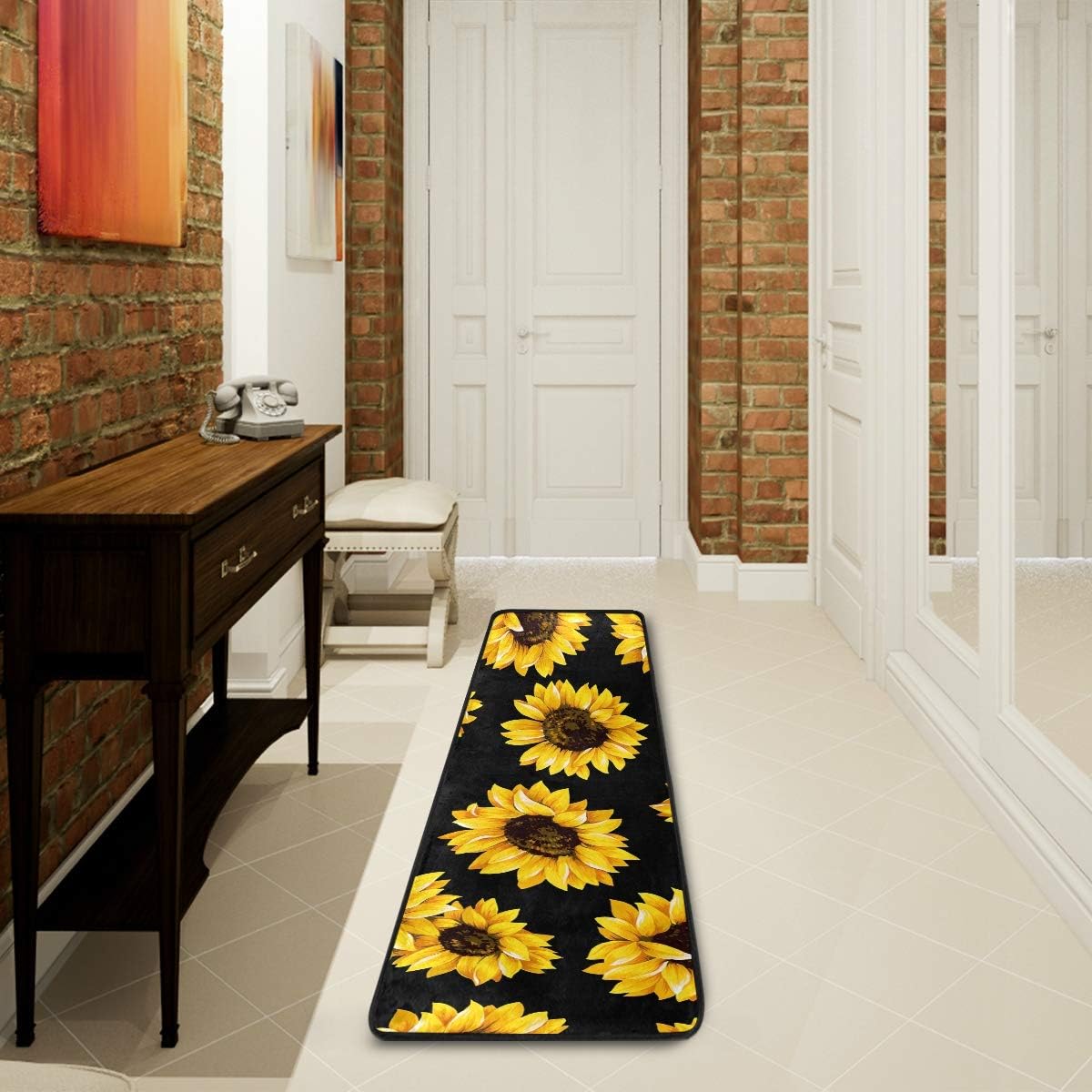 Alfombras de cocina negras con diseño de girasol, antideslizantes, suaves, para el hogar, comedor, sala de estar, dormitorio, 72 x 24 pulgadas