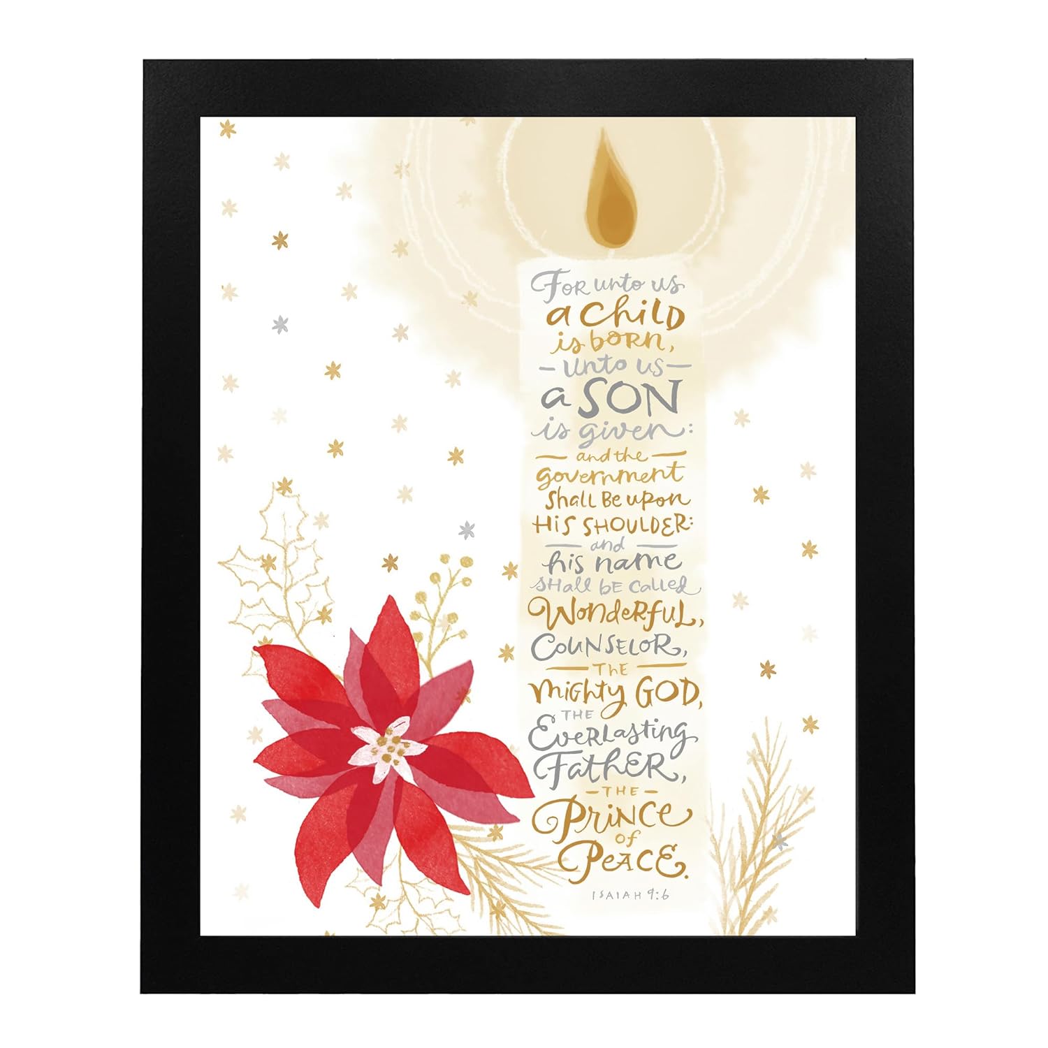 For Unto Us a Child Is Born – Christian Wall Decor Bible Verse Wall Art, Isaiah 96 Typographic Candle Design wPoinsettia Wall Print For Home Decor,