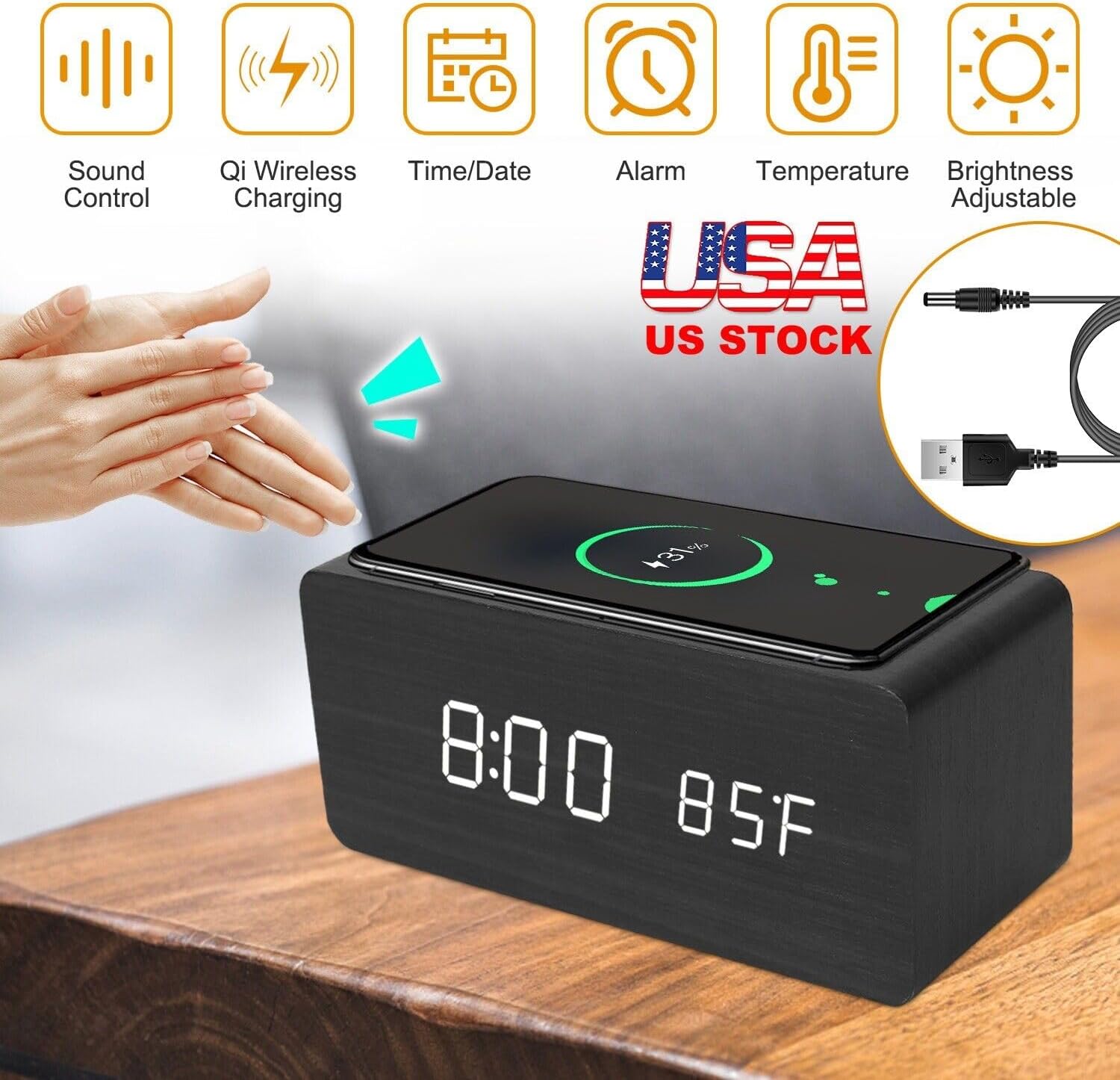 Reloj despertador digital, pantalla LED electrónica de madera, 3 ajustes de alarma, carga inalámbrica de 18 W, día de la semana, detección de