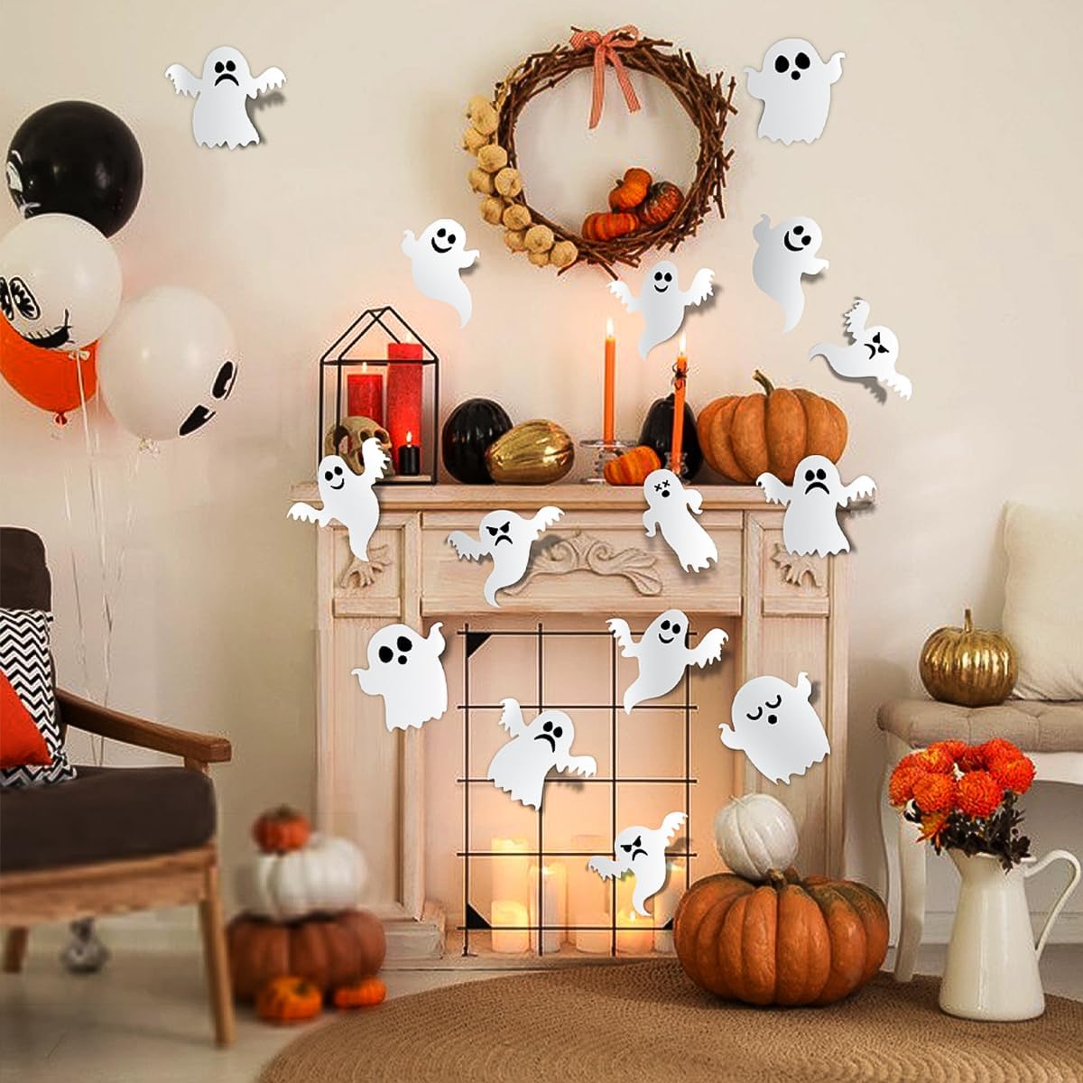 7 estilos de decoración de pared de fantasmas de Halloween, 42 piezas lindas calcomanías de fantasmas 3D, calcomanías reutilizables de pared de