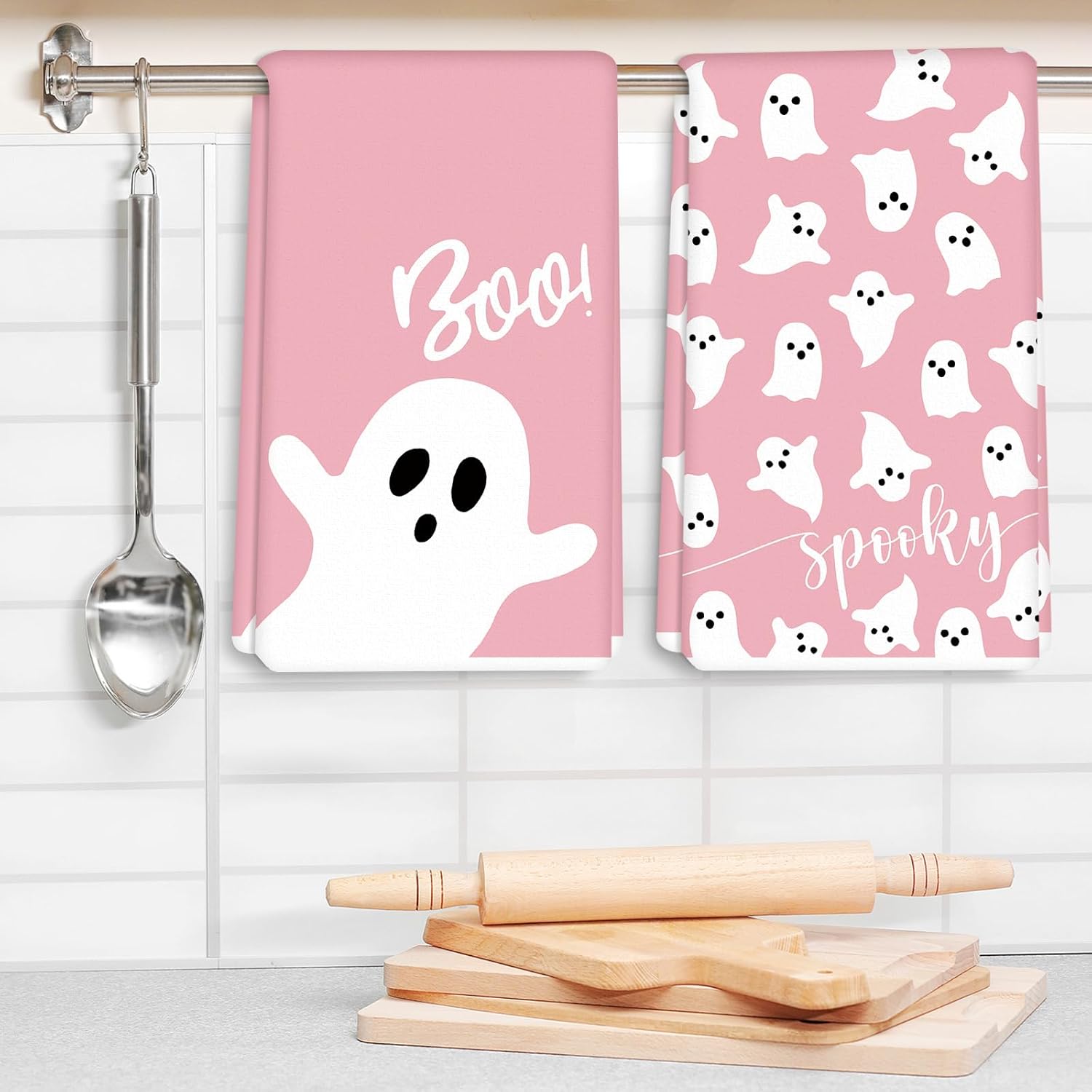 AnyDesign – Toalla de cocina de Halloween de 18 x 28 pulgadas, color rosa y blanco, toalla de cocina de secado a mano para limpiar la cocina, 2