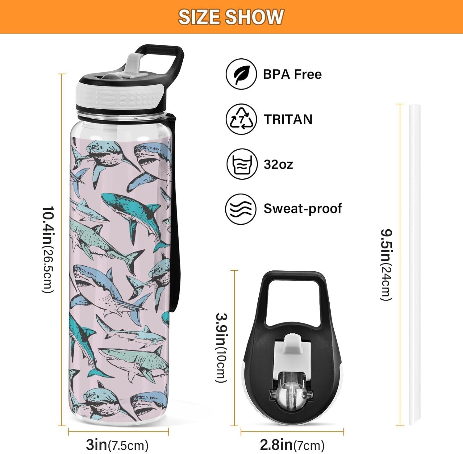 Pink Sharks – Botellas de agua deportivas con pajilla, sin BPA, botella de agua grande transparente para correr, para mujeres, hombres, niñas,