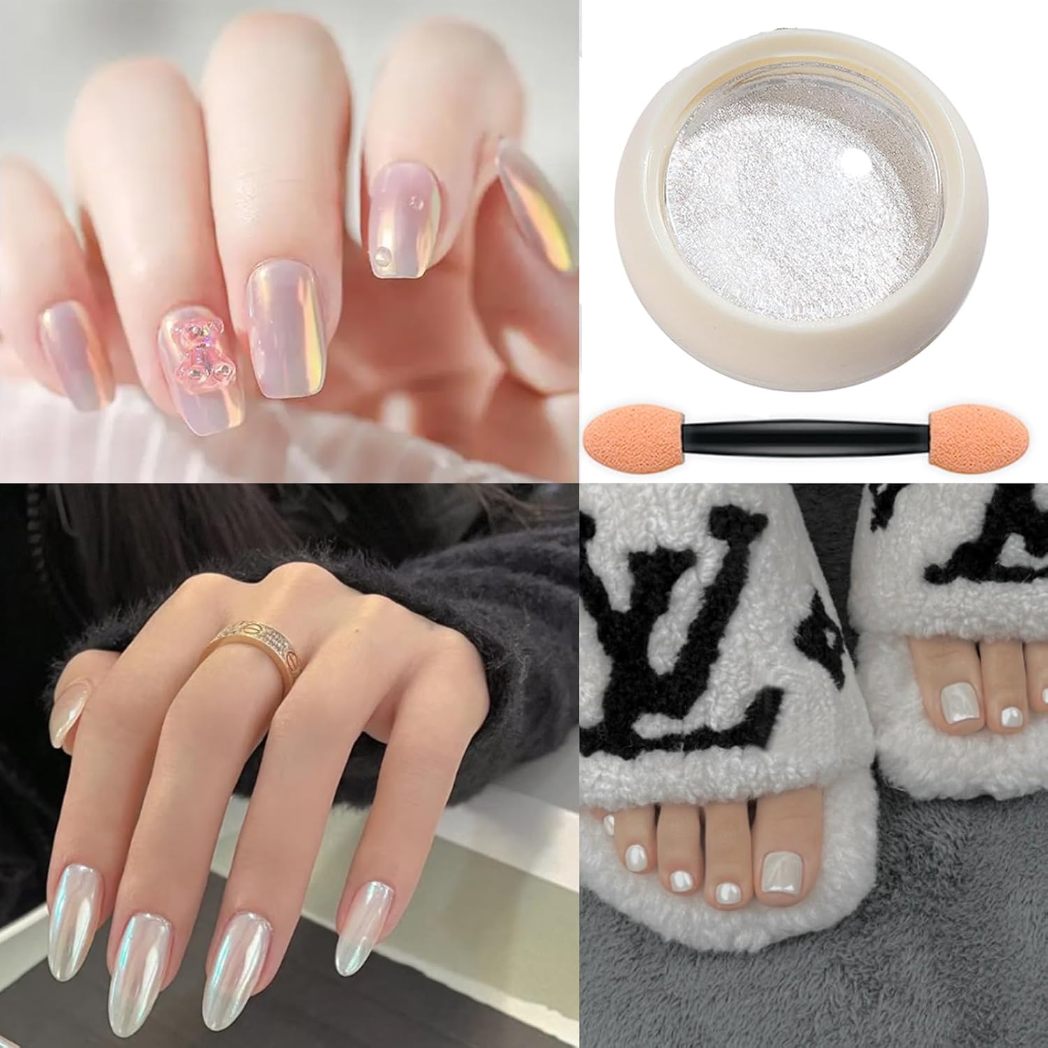 GoLashFun Polvo de uñas cromado y perla blanca,Aurora Nail Mermaid Powder Daily Charm,Polvo de efecto espejo mágico para uñas, decoración de salón