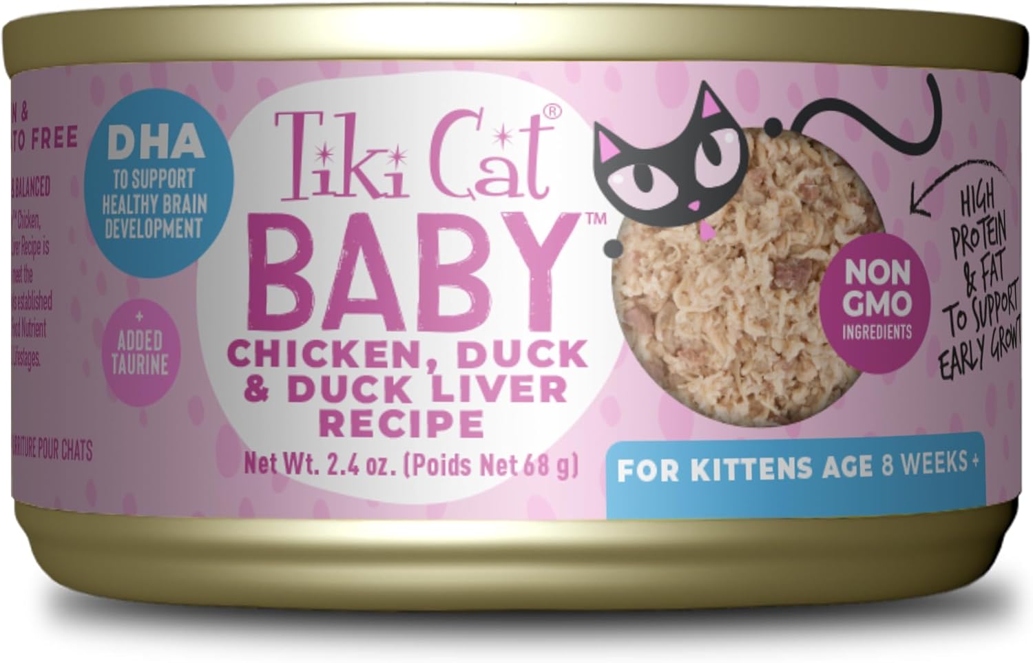 Tiki Cat Baby, mousse de hígado de pato y pato, alto en proteínas y sabroso, alimento húmedo para gatos para gatitos de 4 semanas Plus, latas de 2.4