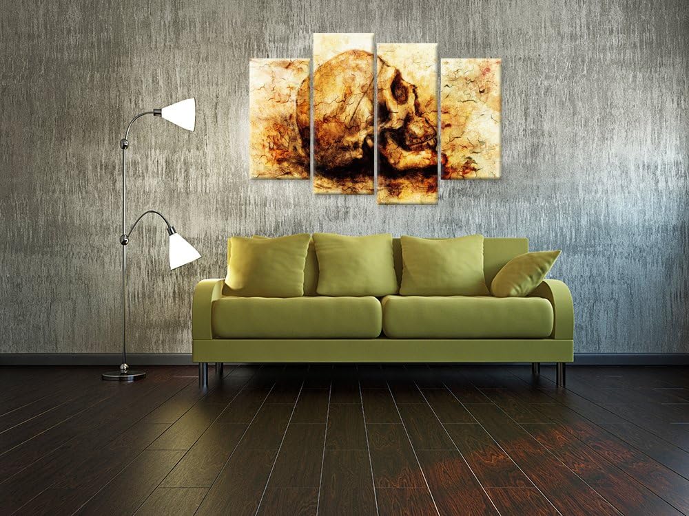 iHAPPYWALL Lienzo de calavera vintage para pared, diseño abstracto de cabeza de calavera sobre fondo amarillo, imagen de esqueleto humano sobre