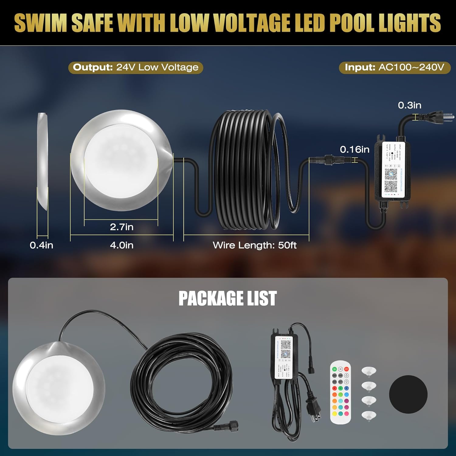 P3-0 Luz LED para piscina con control remoto RF, 24W 3000LM 4 pulgadas, RGB regulable luz sumergible subacuática con imanes, luz impermeable IP68