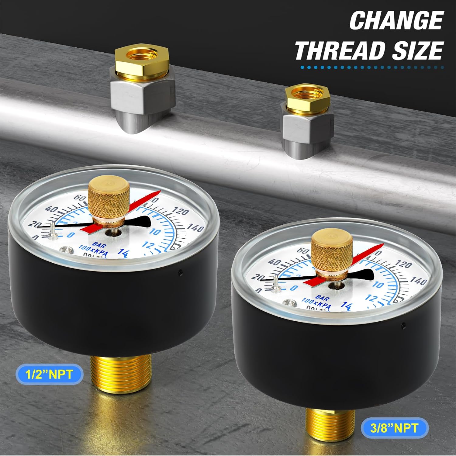 MEANLIN MEASURE Manómetro de bomba de pozo NPT de 0-200 Psi con cara de dial de 2 pulgadas y adaptador NPT de 12 pulgadas y adaptador NPT de 38