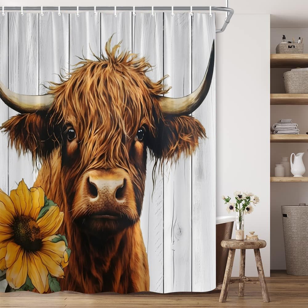 BCNEW Cortina de ducha rústica de vaca de las tierras altas, divertida cortina de baño de estilo rústico con gancho