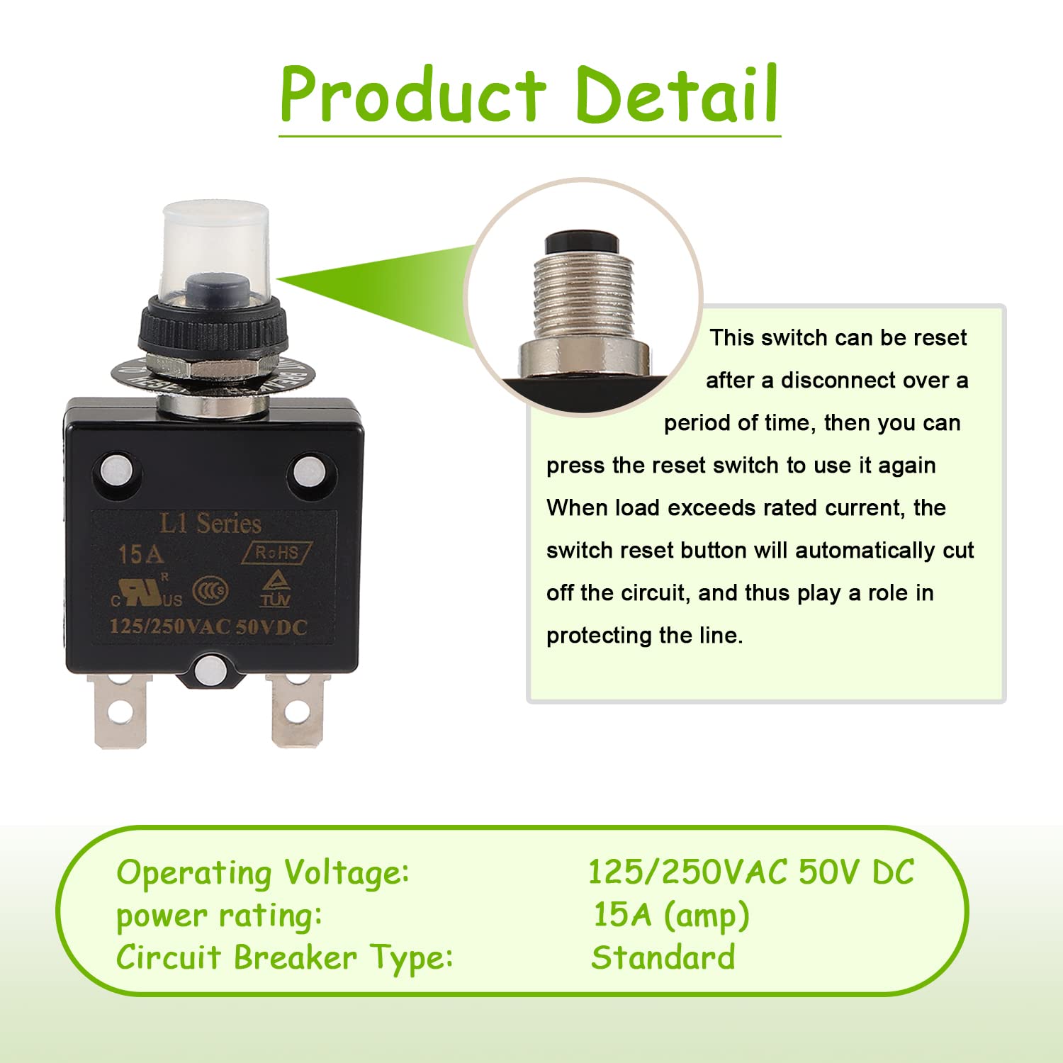 Disyuntor de botón de reinicio manual de 15 A, 125250 V, CA, 50 V, CC, protector de sobrecarga térmica con terminales de conexión rápida y tapas de