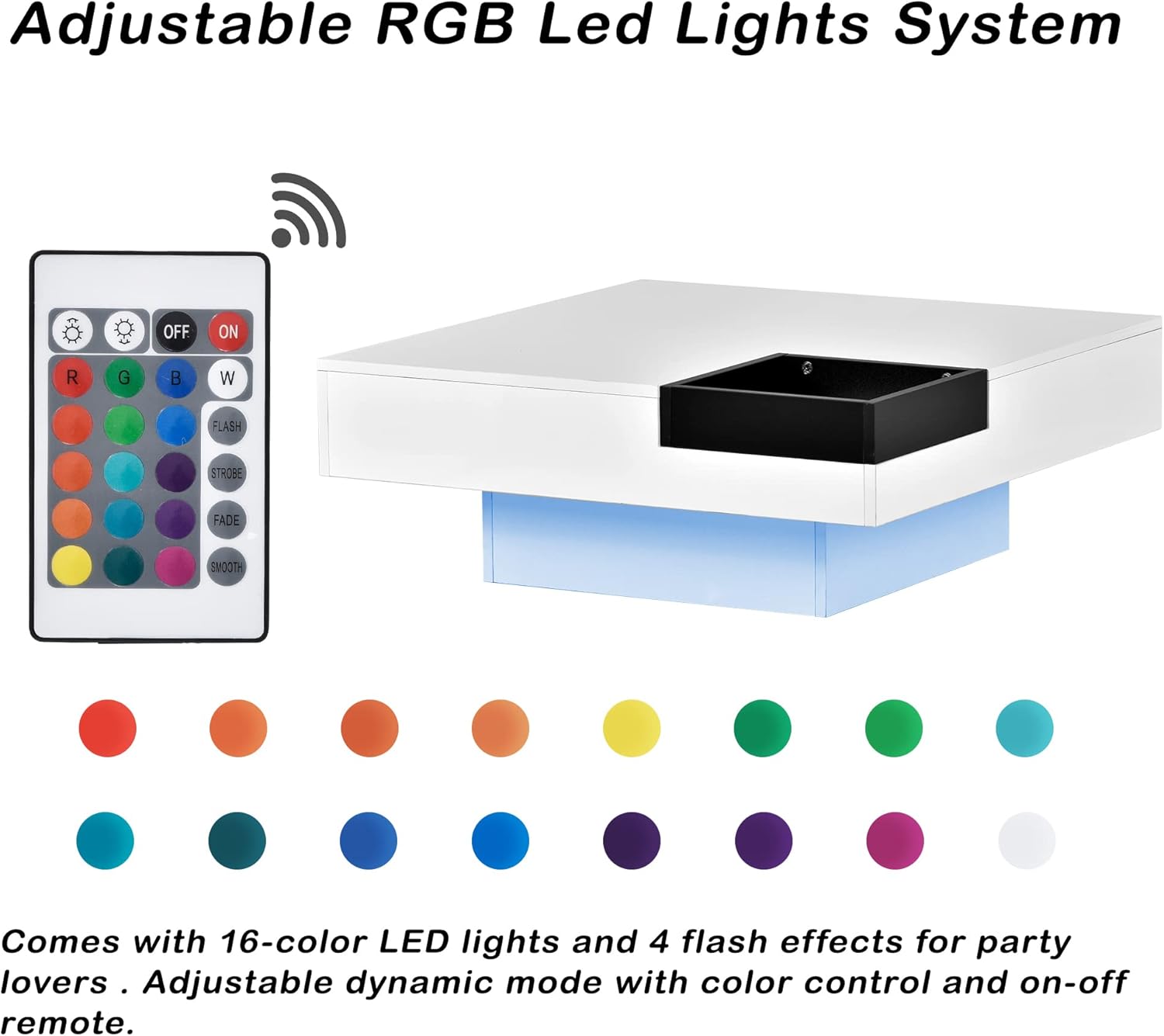 Harper & Bright Designs Mesa auxiliar de cóctel con luces LED de 16 colores, mesa de centro cuadrada de alto brillo UV, mesa central para sala de