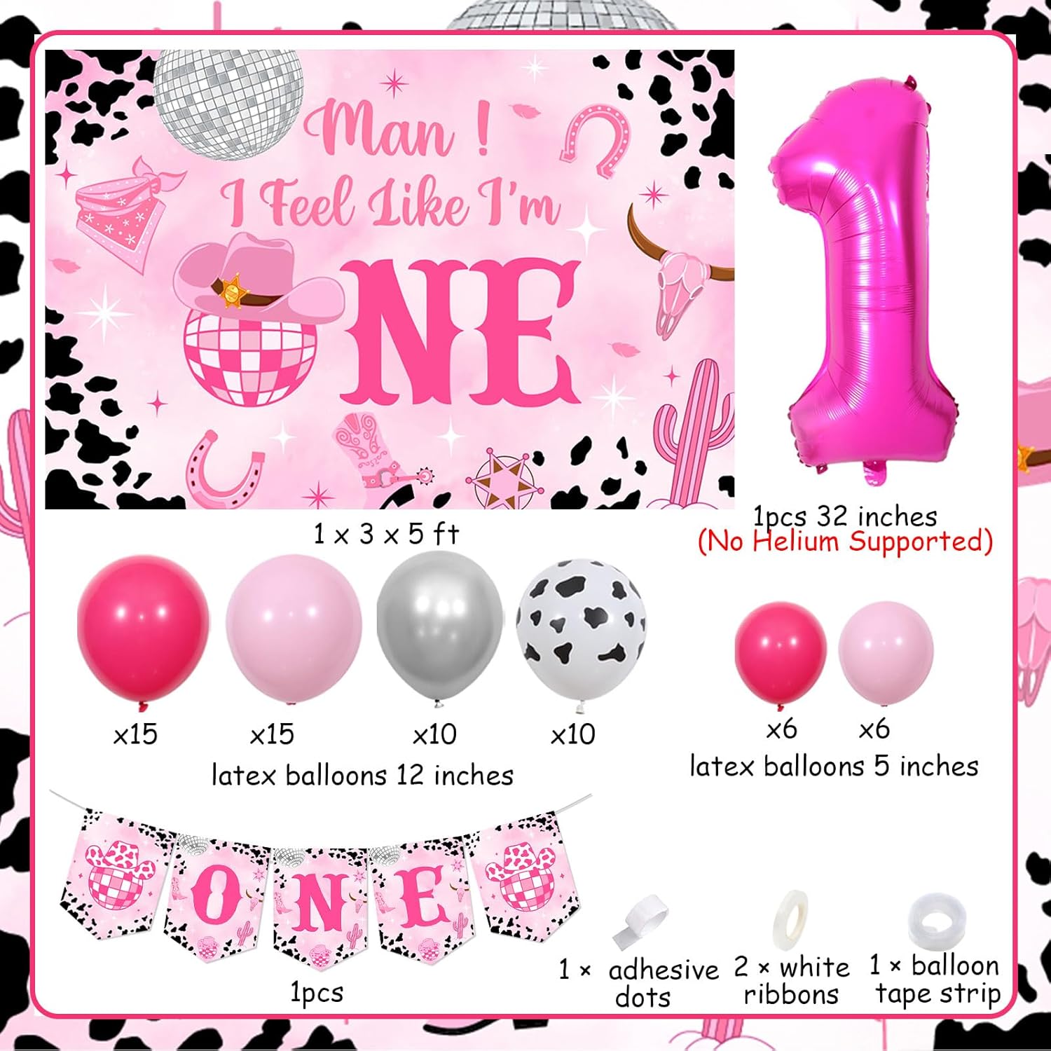 Decoraciones de primer cumpleaños de vaquera disco con texto en inglés Man I Feel Like I’M One para decoración de fiesta, telón de fondo, globos de