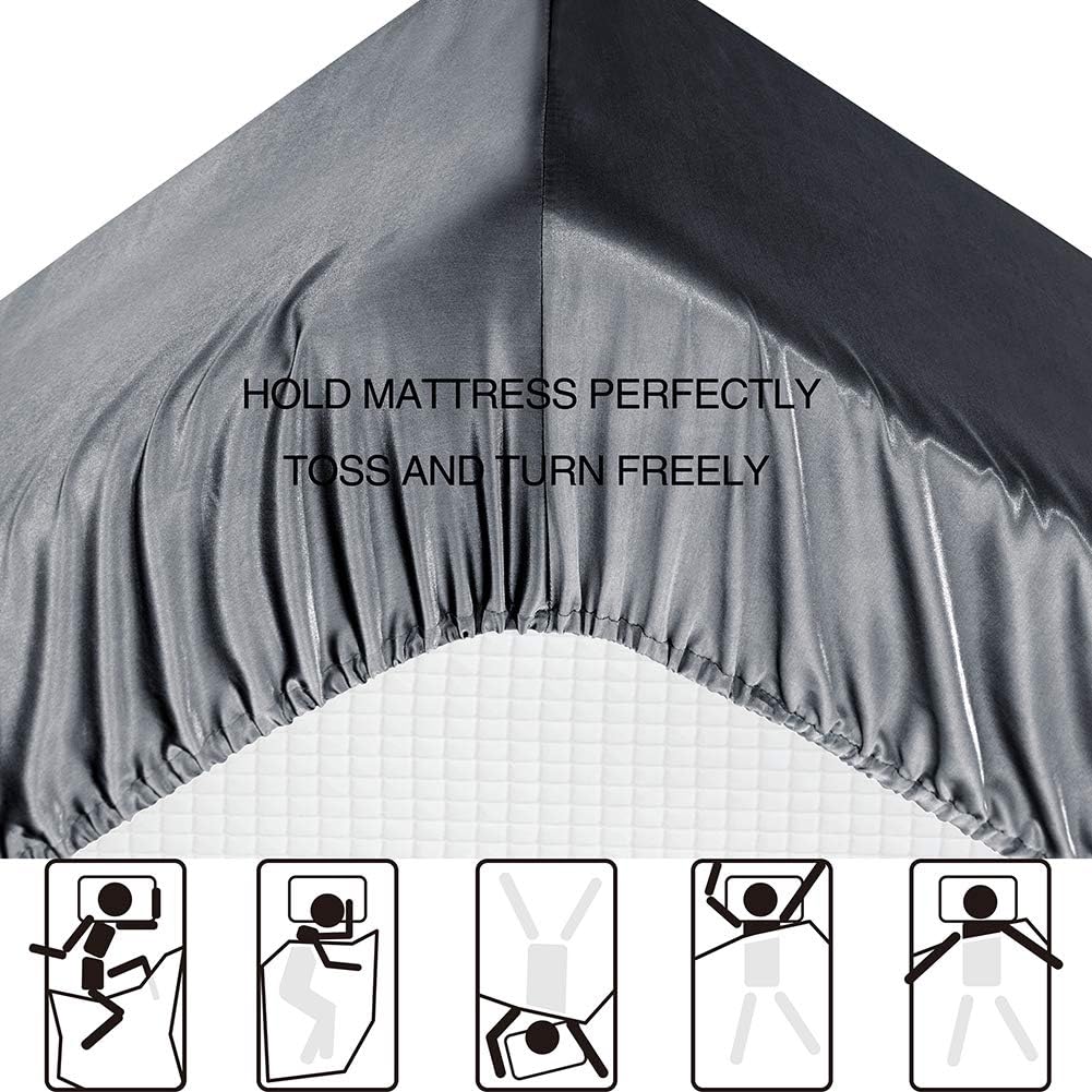 Juego de sábanas de satén de tamaño matrimonial, sábanas de seda gris, juego de ropa de cama suave de 4 piezas con 1 sábana bajera de bolsillo