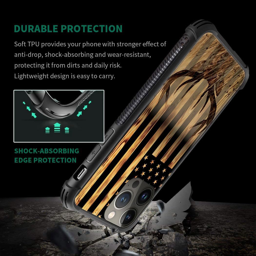 DJSOK Funda compatible con iPhone 15 Pro Max, funda de grano de madera con la bandera estadounidense Buck Hunter Deer para iPhone 15 Pro Max, fundas