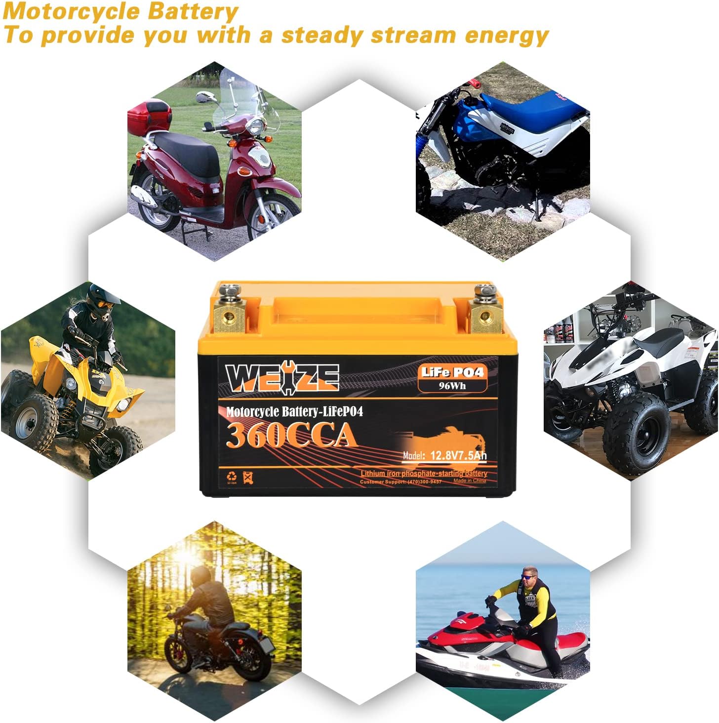 Weize YTX14-BS – Batería de litio, 360CCA, BMS inteligente integrado, 12 v, 7.5AH, YTX9-BS, LiFePO4, YTX12-BS, para motocicleta, cuatrimoto,