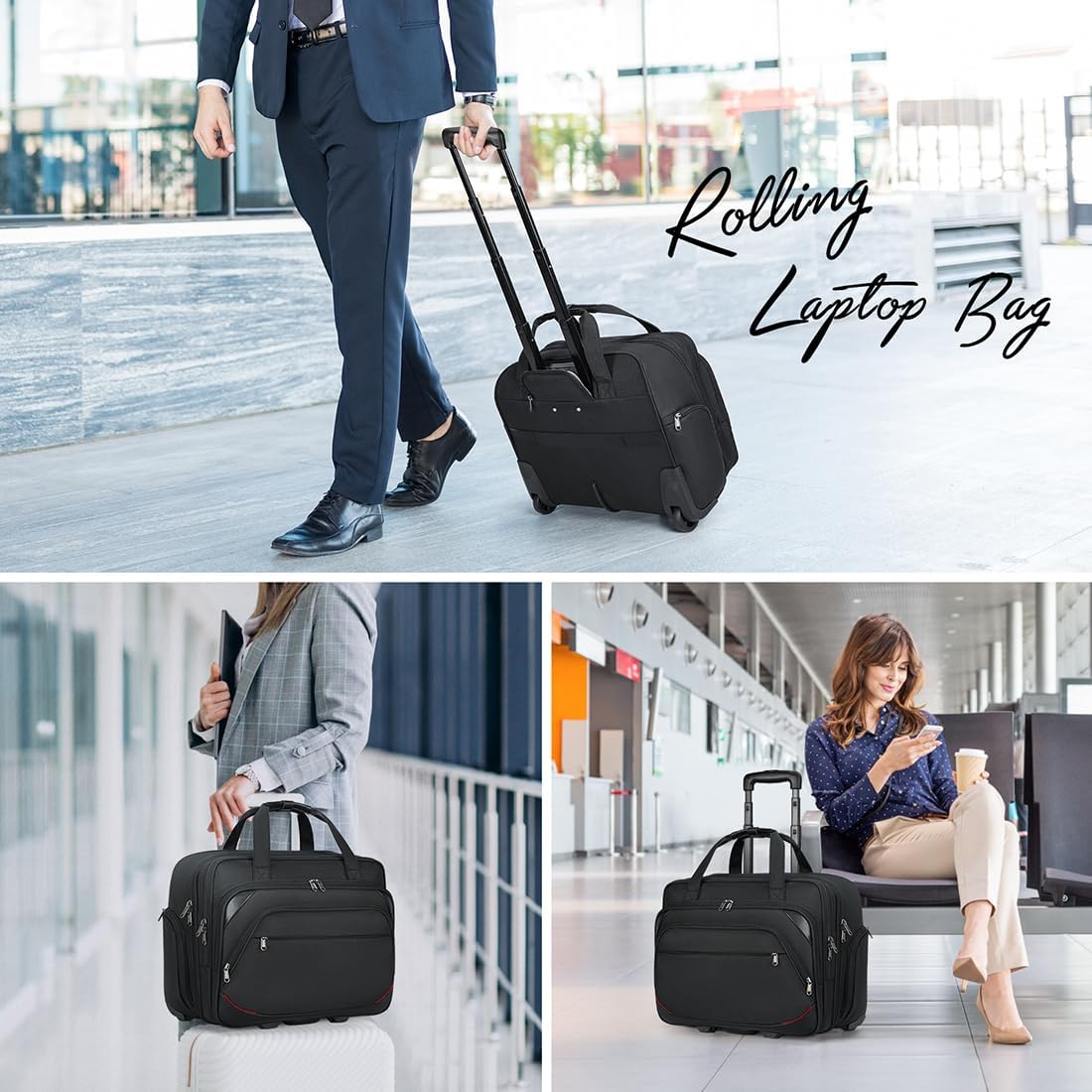 Bolsa con ruedas para laptop para mujeres y hombres, maletín con ruedas de 17.3 pulgadas, para computadora portátil, para trabajo, viajes, negocios,