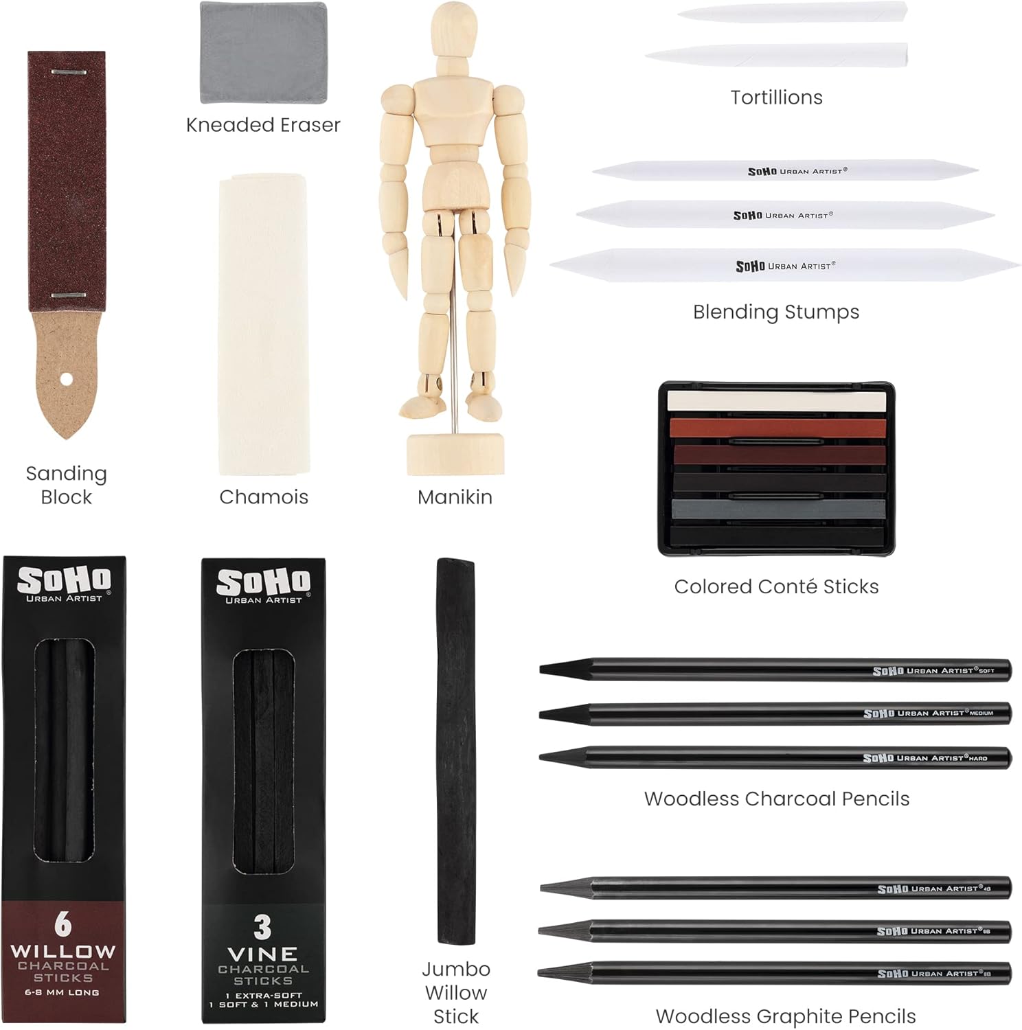 Soho Urban Artist Juego de dibujo de carbón con maniquí en estuche con cremallera, carbón de dibujo para artistas, estudiantes, mezclas, dibujos de