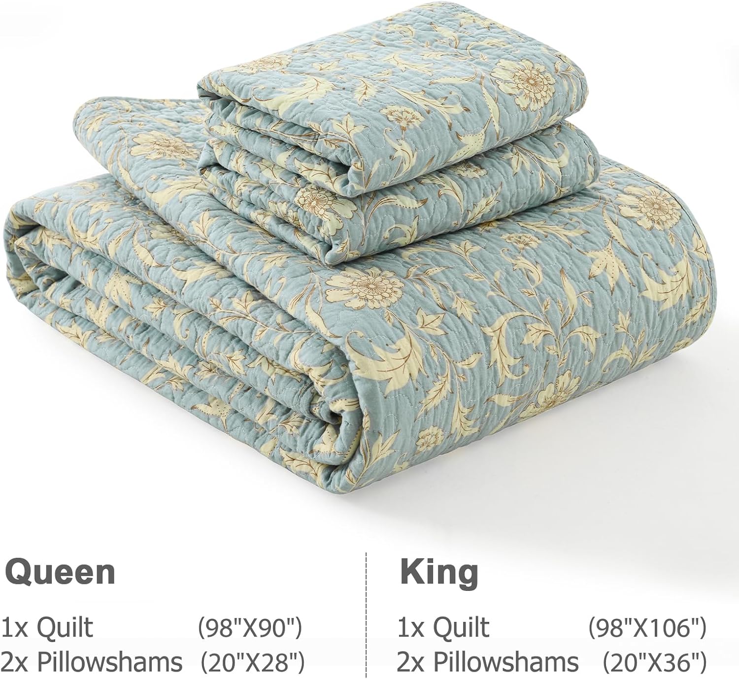 Finlonte Colchas tamaño Queen 100% algodón ligero suave Queen Colcha Vintage Botánico Acolchado Colcha Azul Edredón Beige Floral Reversible Juego de