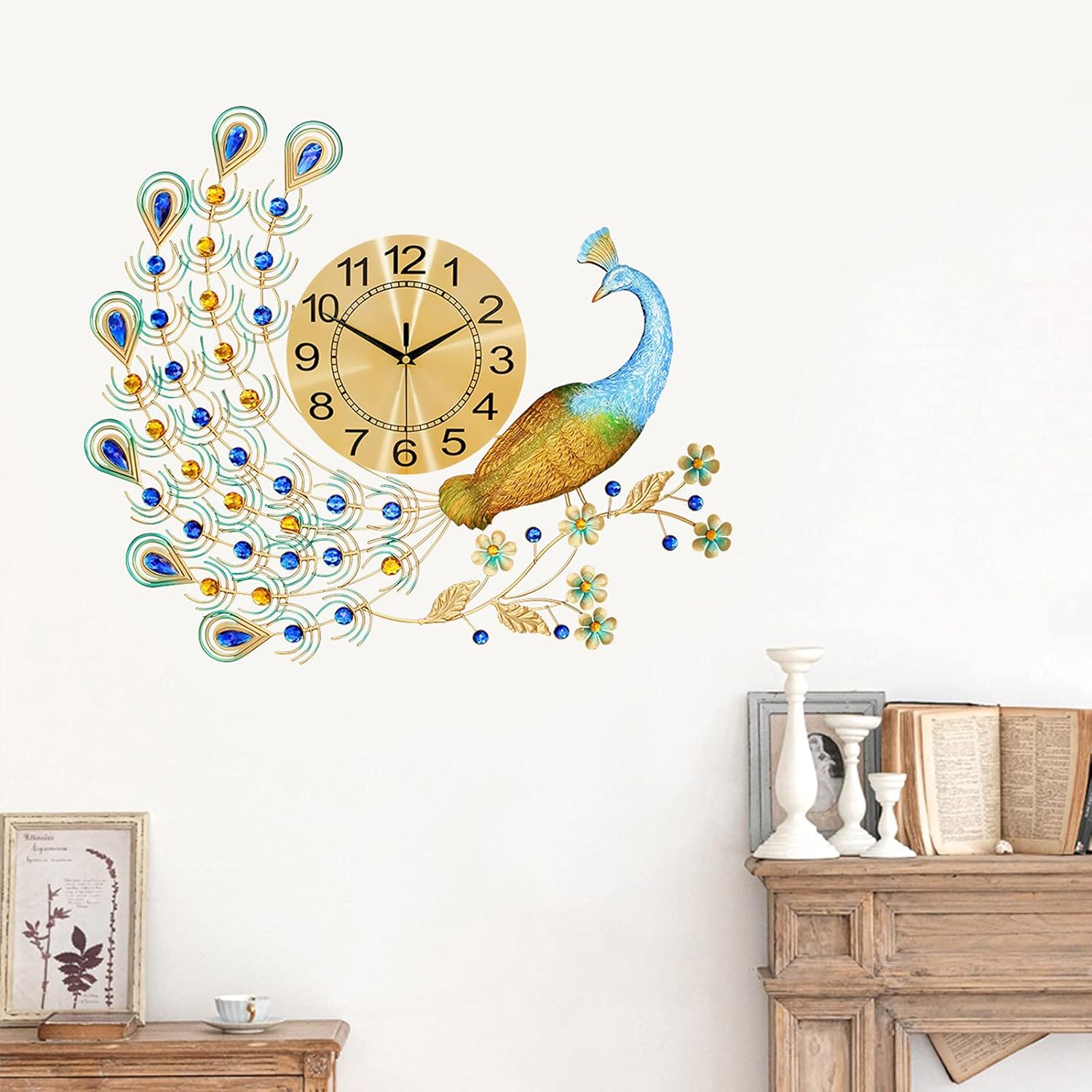 Large Peacock Wall Clock, 27.5 inch Luxury Peacock Clocks Silent Movement Wrought Iron and Metal Dial 3D Silent Wall Clocks Battery Operated Large