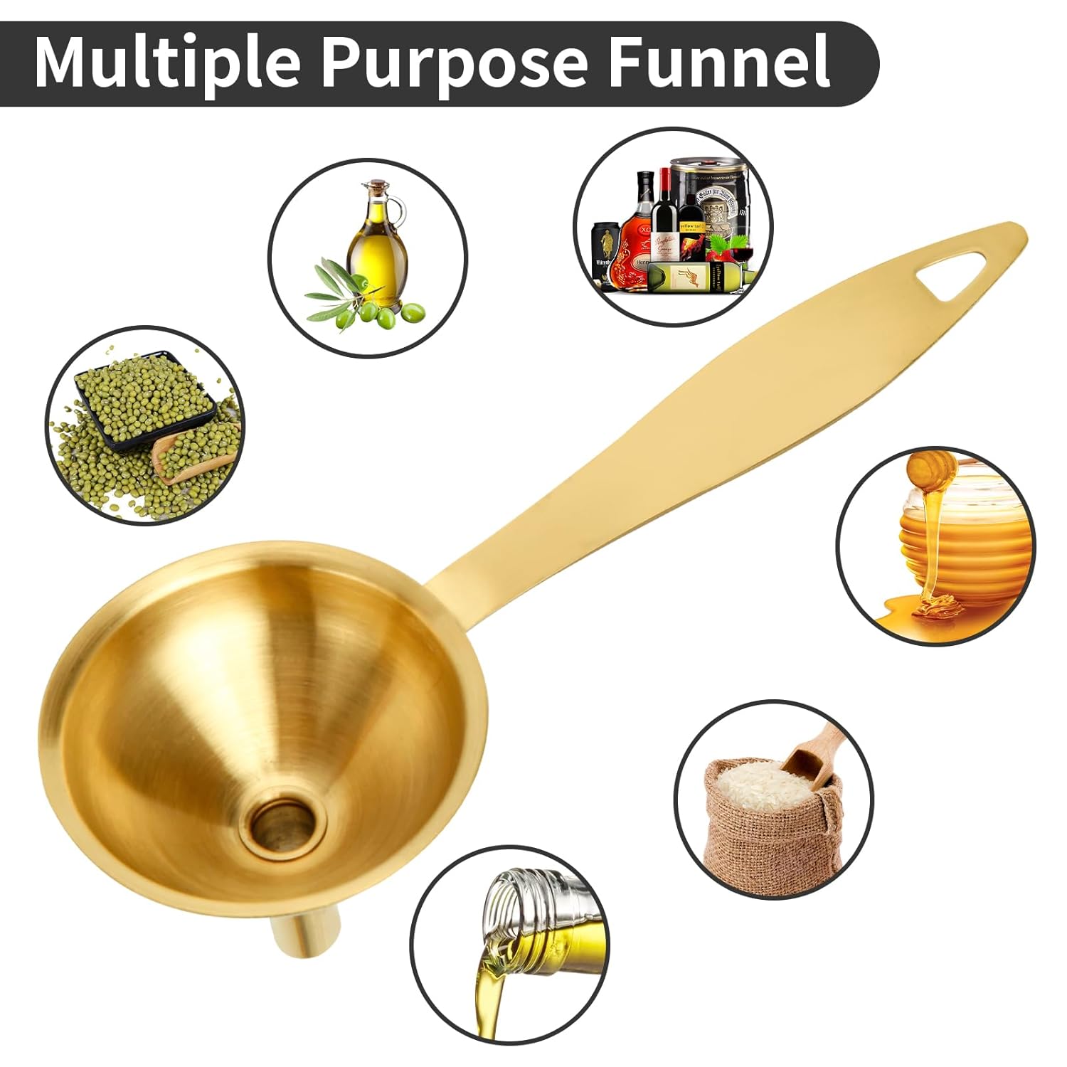Raings Embudos pequeños para llenar botellas, juego de 3 embudos de cocina de metal de acero inoxidable con diseño de mango largo, mini embudo de