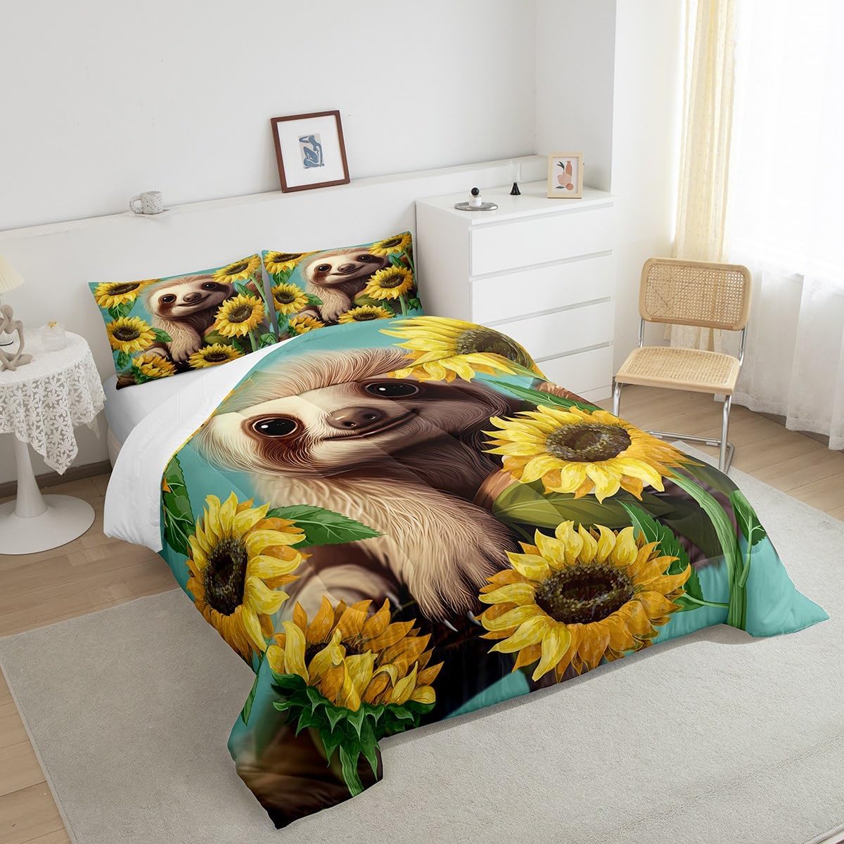 Lindo juego de edredón de perezoso, tamaño Queen, juego de ropa de cama con flores amarillas y girasoles para niñas, adolescentes, decoración de