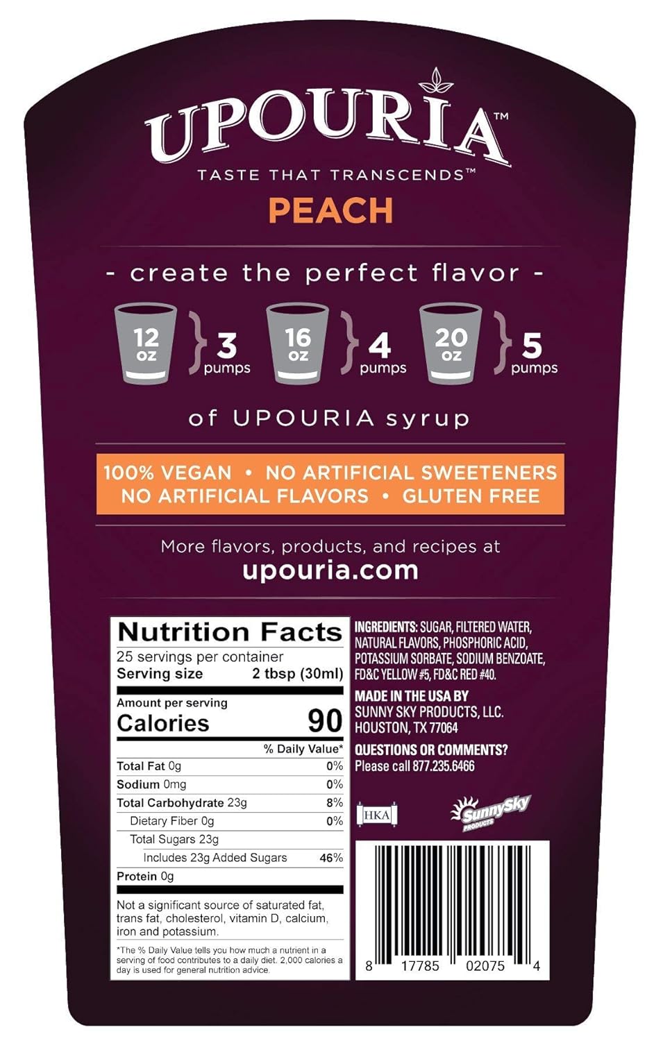 Upouria – Jarabe con sabor a melocotón, ideal para tés helados, refrescos, limonadas y cócteles, 100% vegano, sin gluten, kosher, botella de 22.5