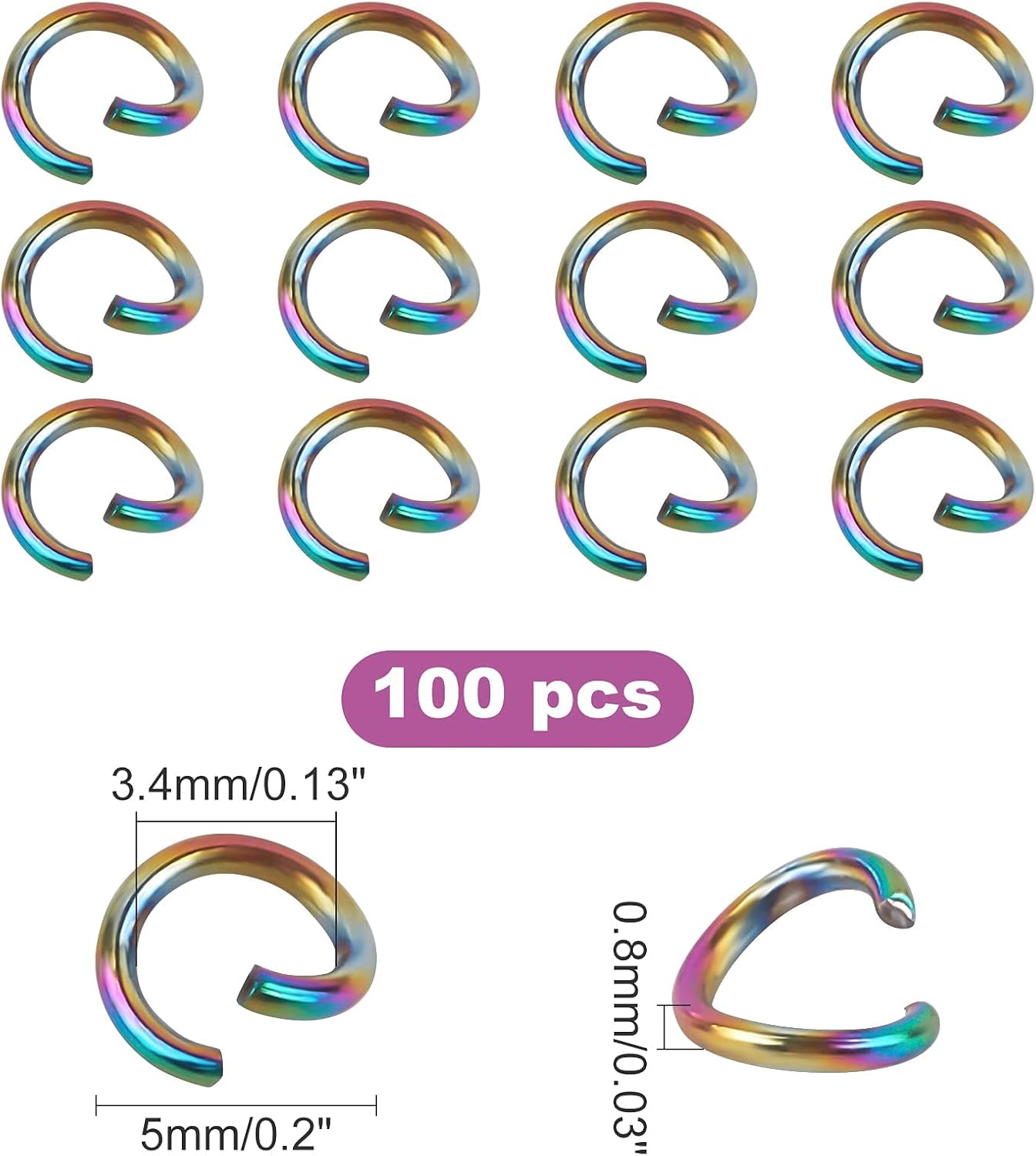 CHGCRAFT 100 anillos de acero inoxidable chapados al vacío, anillos de salto de color arco iris para pulseras, aretes, collares, joyería, 0.197 x